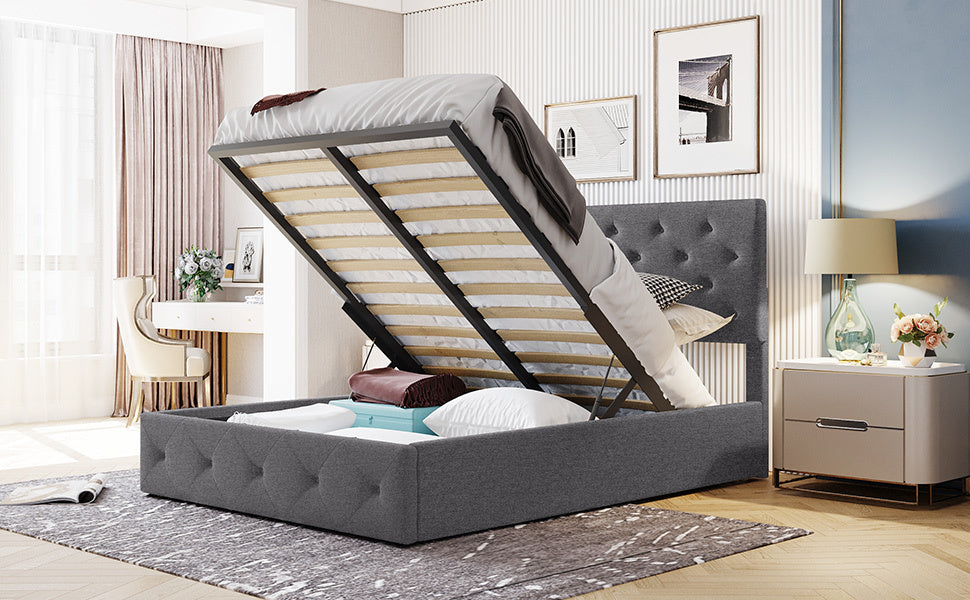 Full size Upholstered Platform bed with a Hydraulic Storage System - Gray