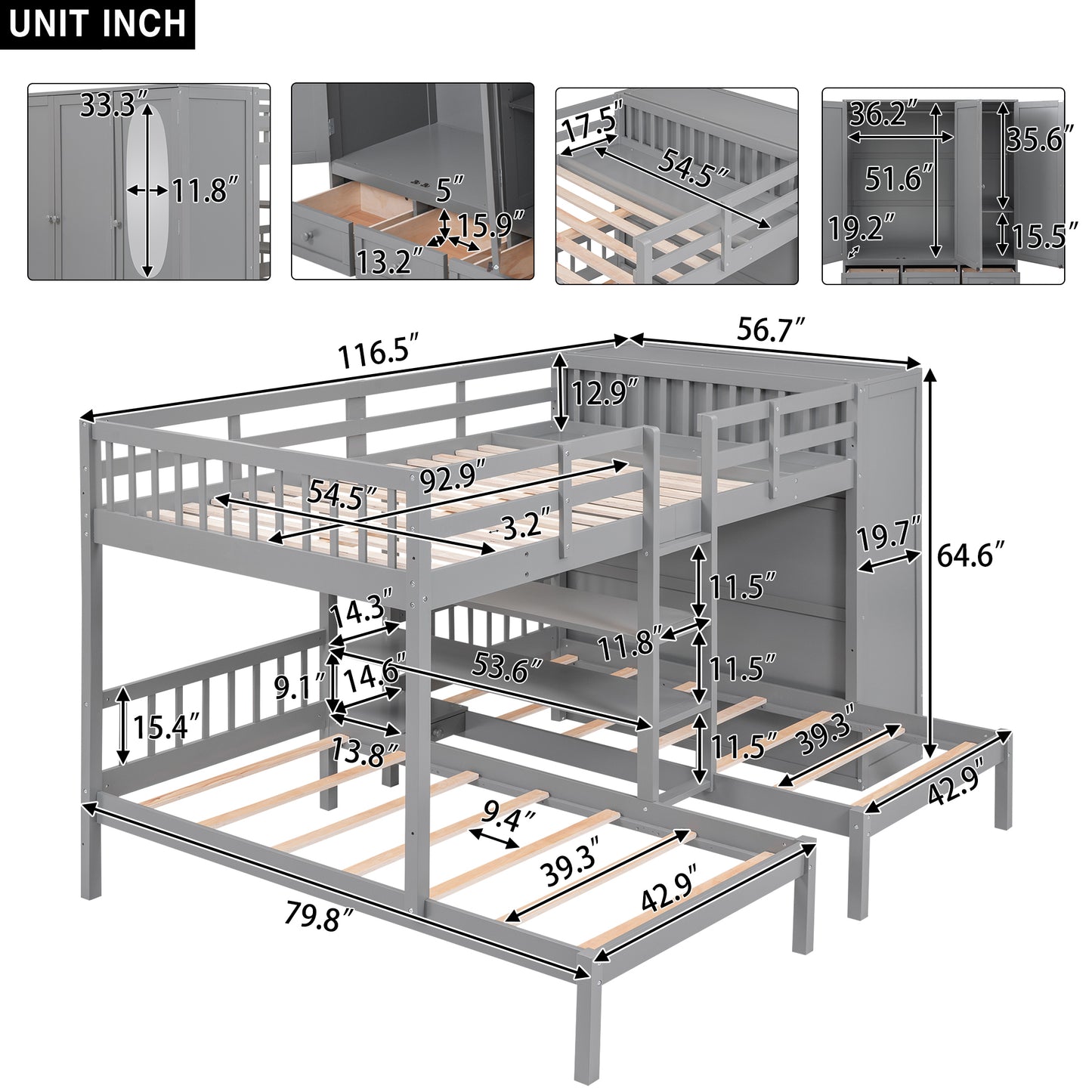 Gray Twin-Twin over Full Bunk Bed with Shelves, Wardrobe, Mirror