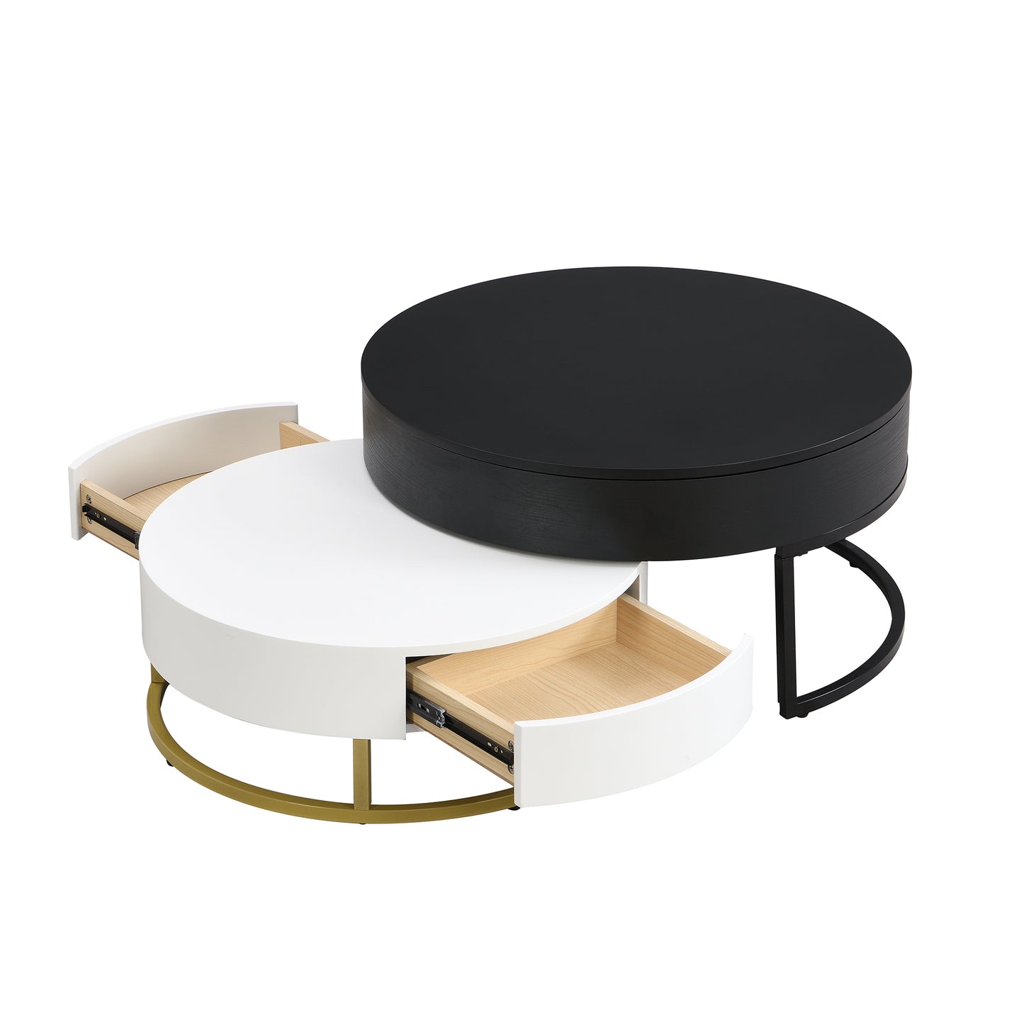 Contemporary 2-Drawer Lift-Top Round Coffee Tables in White & Black