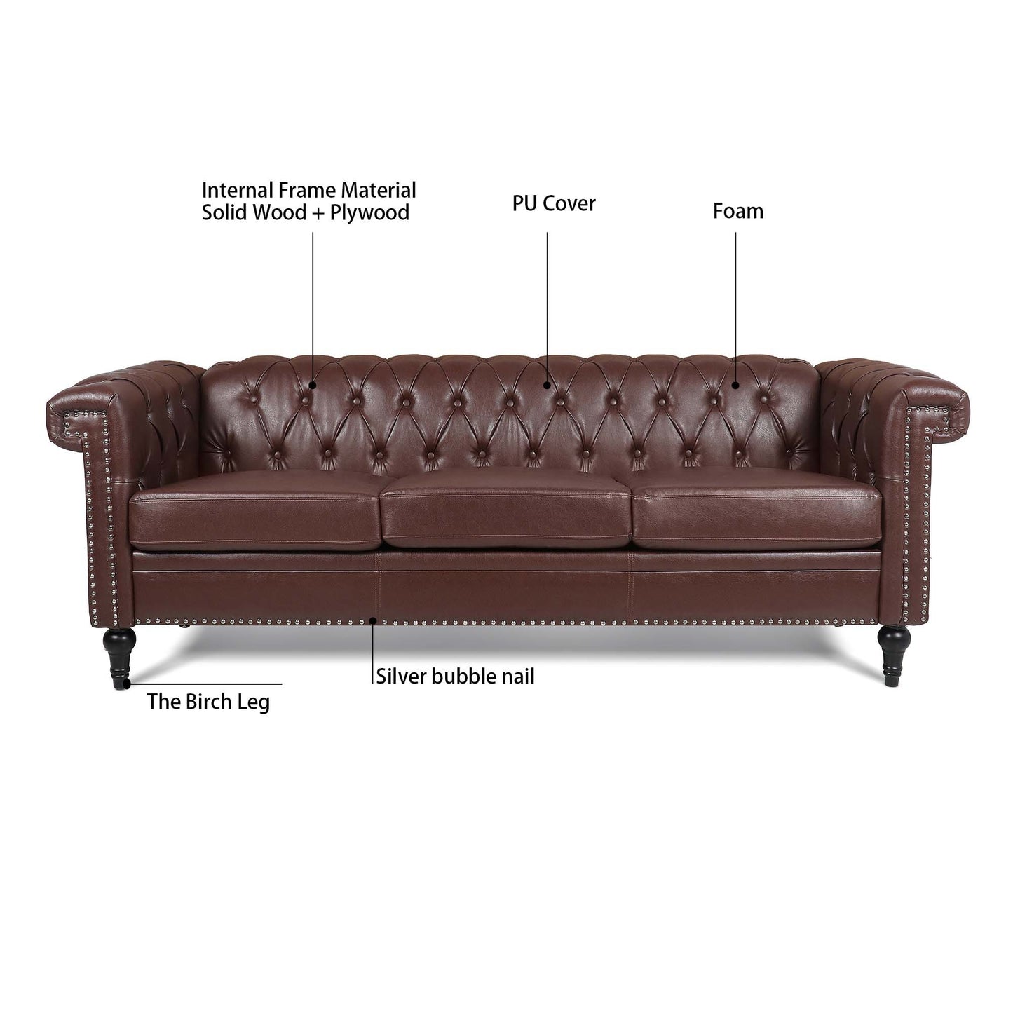 83.66 Traditional Square Arm 3-Seater Sofa with Removable Cushion for Comfort and Style