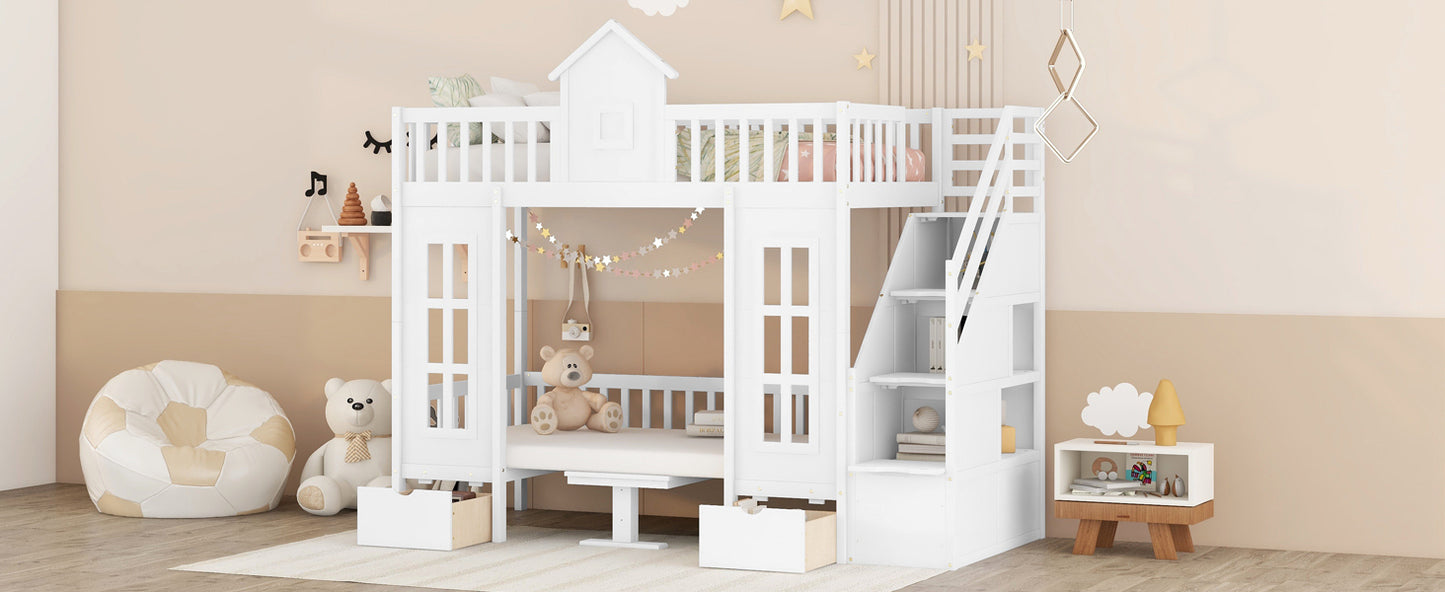 Convertible Twin Bunk Bed with Changeable Table - White - Versatile & Stylish Twin Over Twin Loft Bed