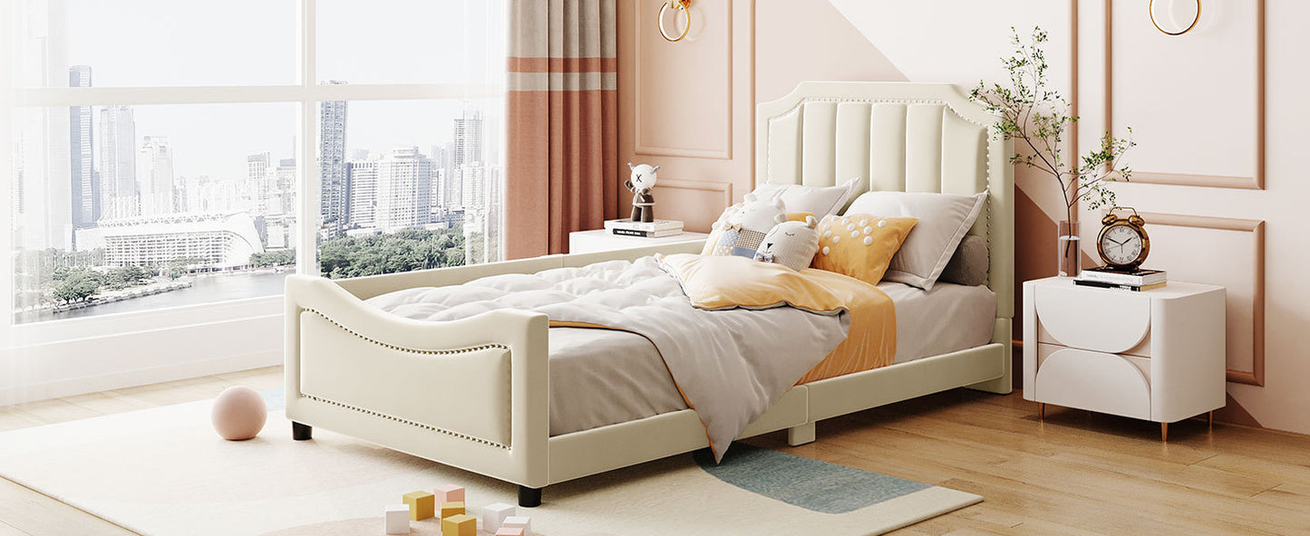 Twin Size Upholstered Daybed with Classic Stripe Shaped  Headboard, Beige