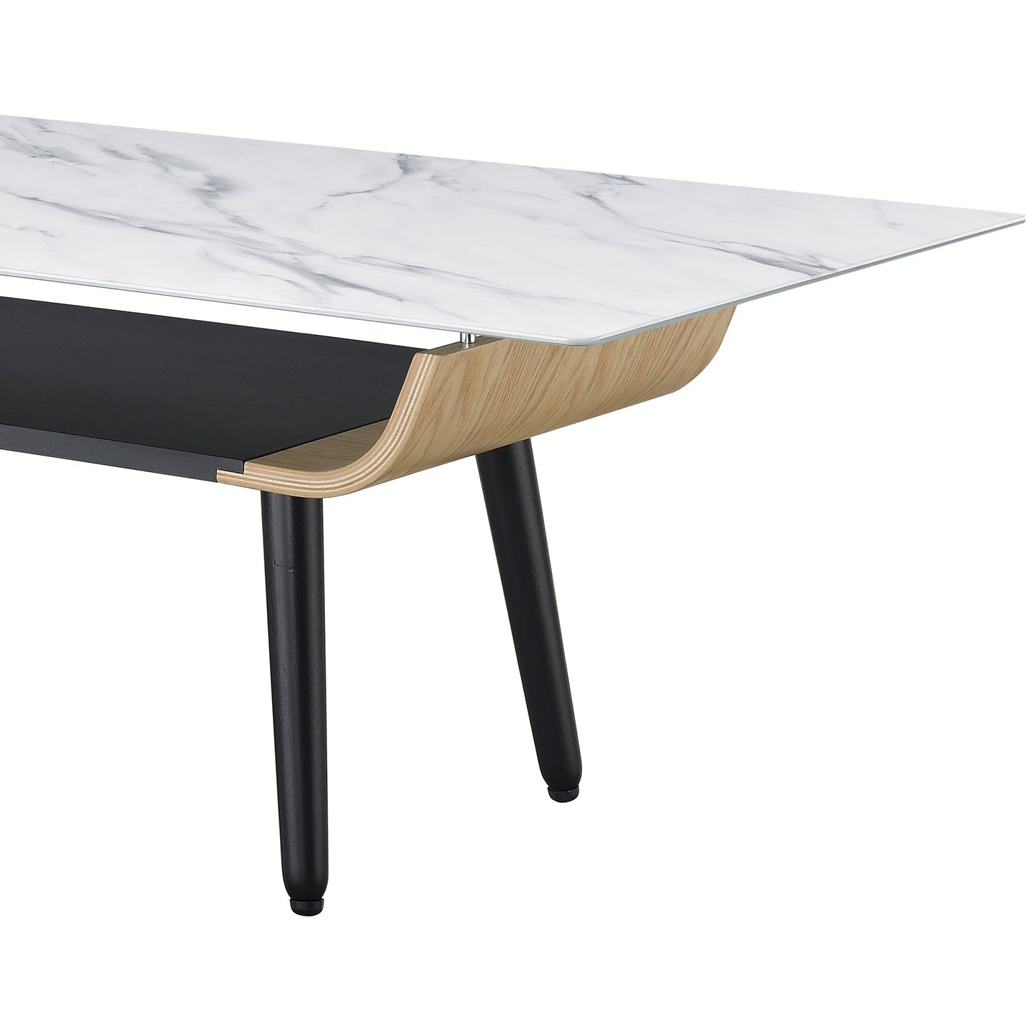 Modern White Marble Texture Glass Coffee Table with Bent Wood Design