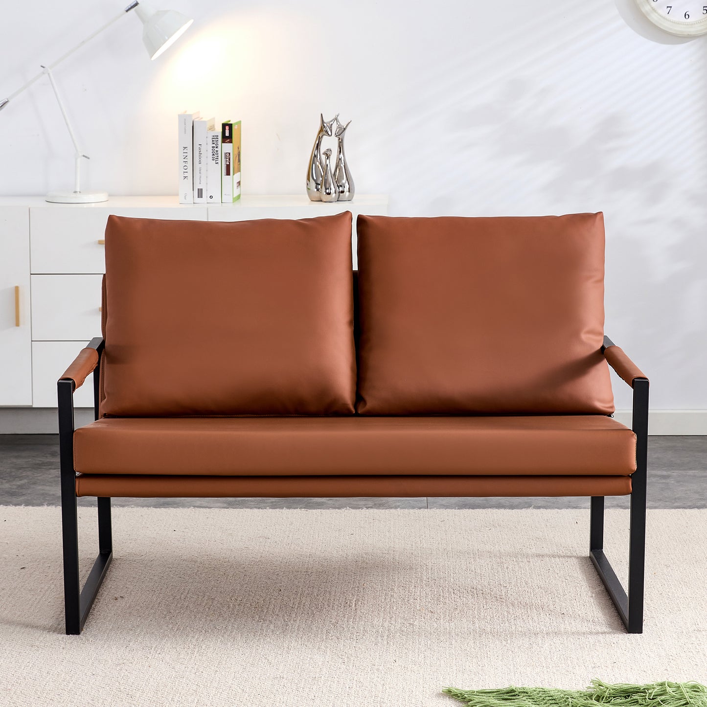 PU leather armchair metal frame cushion armchair, cushion backrest, living room sofa 1 double sofa+2 single sofa (brown PU leather+metal frame+foam) SF-008