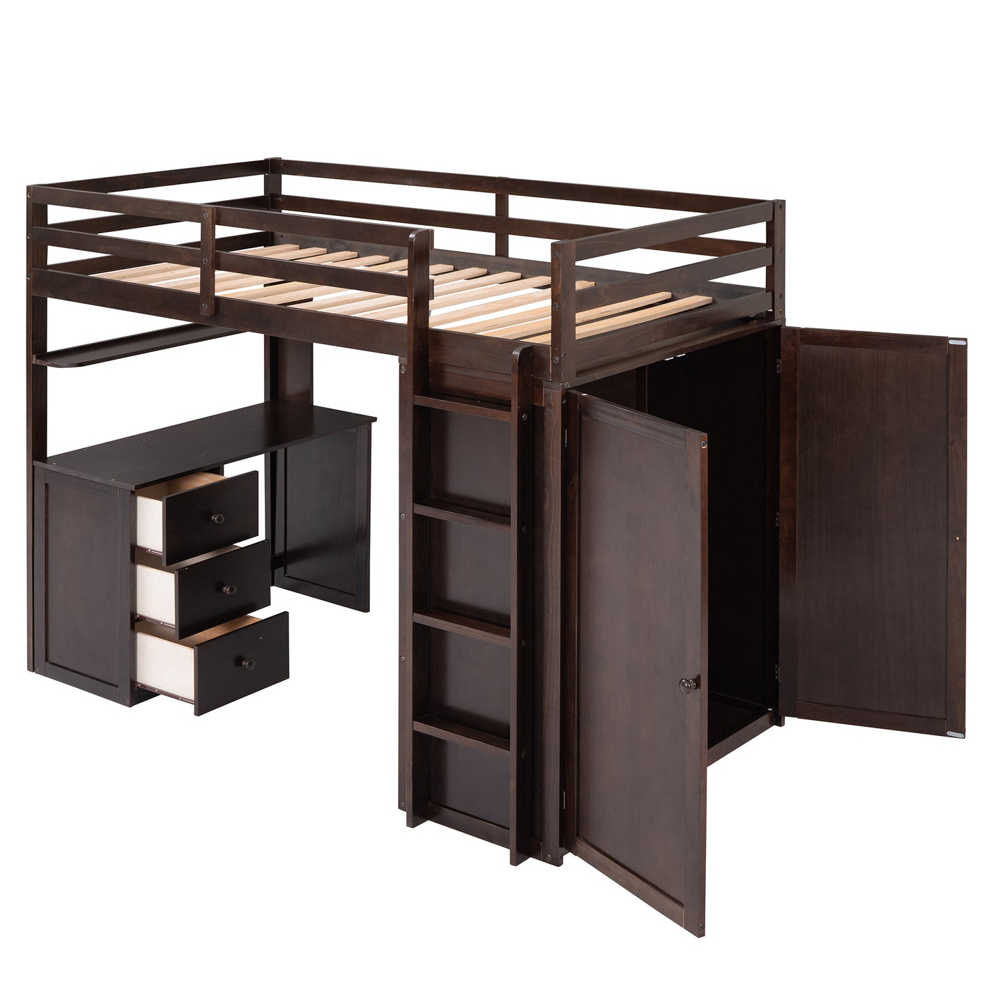 Twin size Loft Bed with Drawers,Desk,and Wardrobe-Espresso