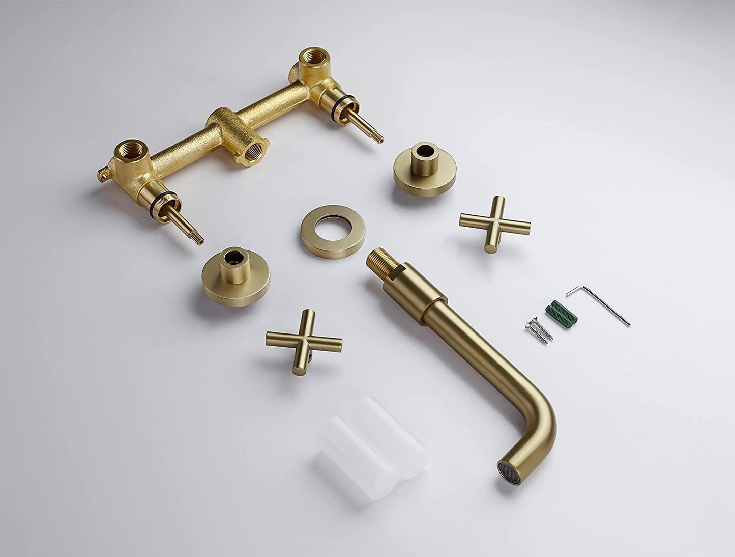 Golden Brushed Wall Mount Bathroom Faucet with Double Handles