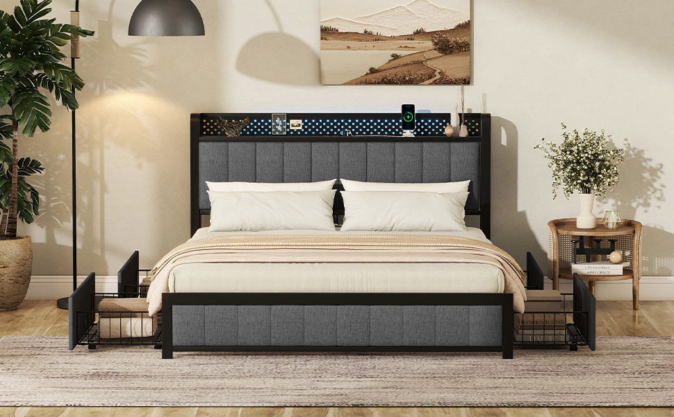 Queen Bed Frame with LED Headboard, Upholstered Bed with 4 Storage Drawers and USB Ports, Dark Grey