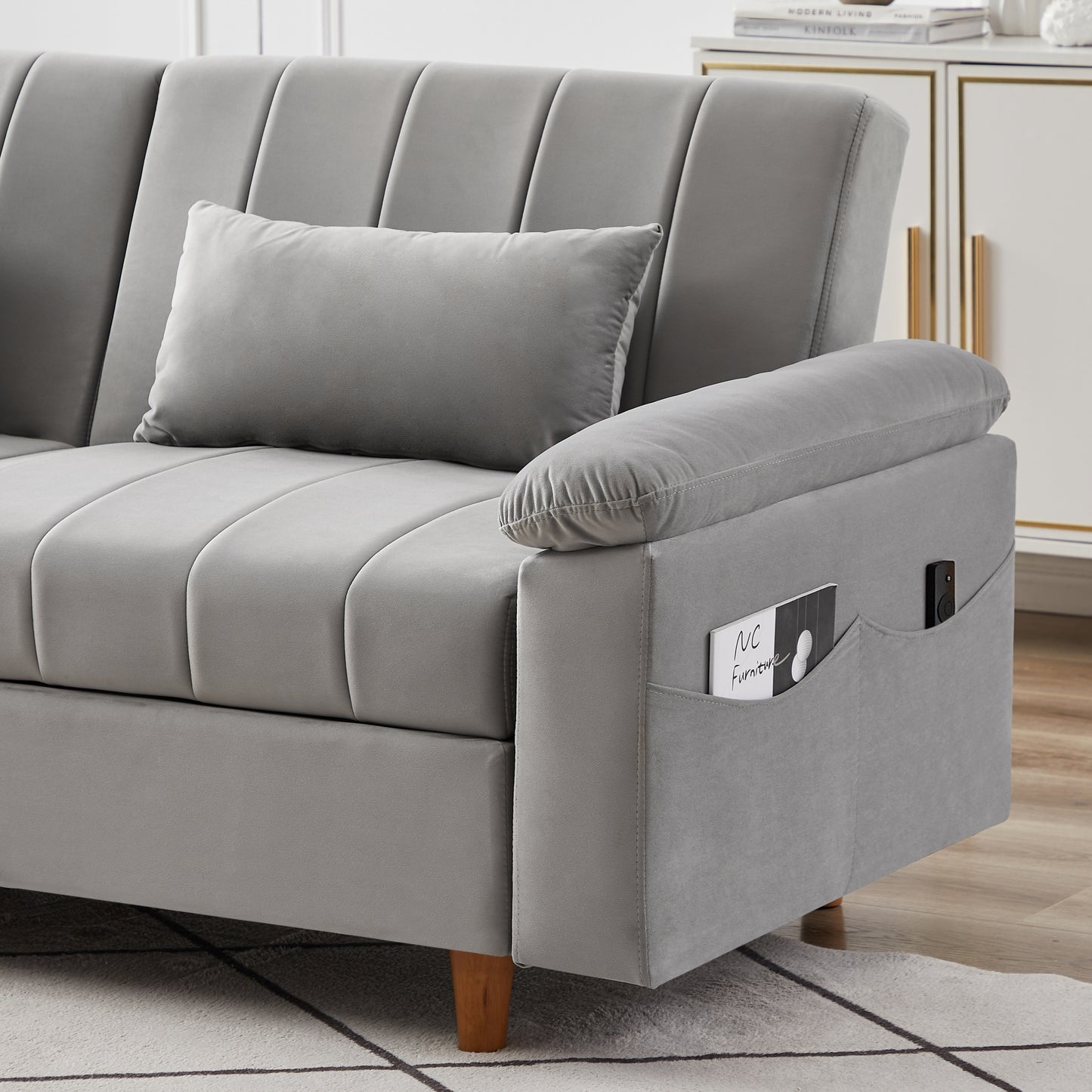 Convertible Comfortable Sleeper Velvet Sofa Couch with Storage for for Living Room Bedroom Futon loveseat Sofabed  Gray