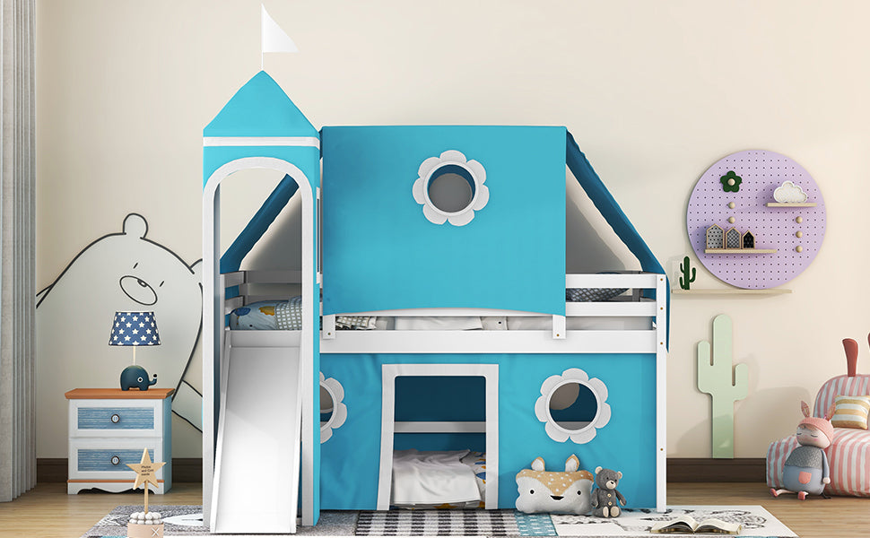 Blue Castle Bunk Bed - Full Size with Slide and Tower