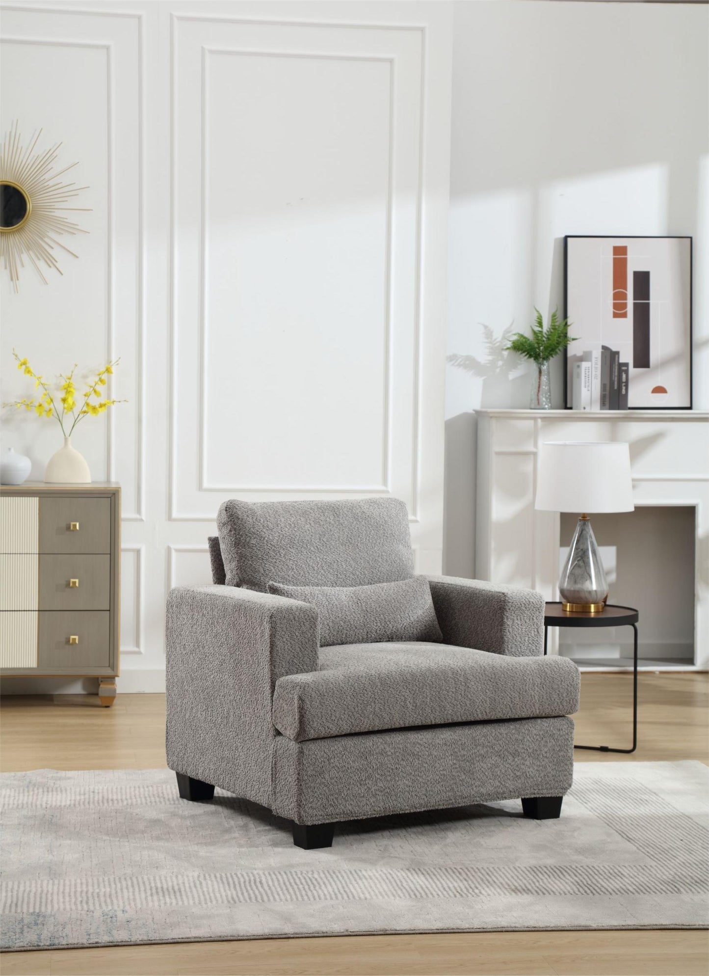 Elegant White and Gray Modern Chair for Living Room or Sofas, with Square Armrest and Removable Back Cushion