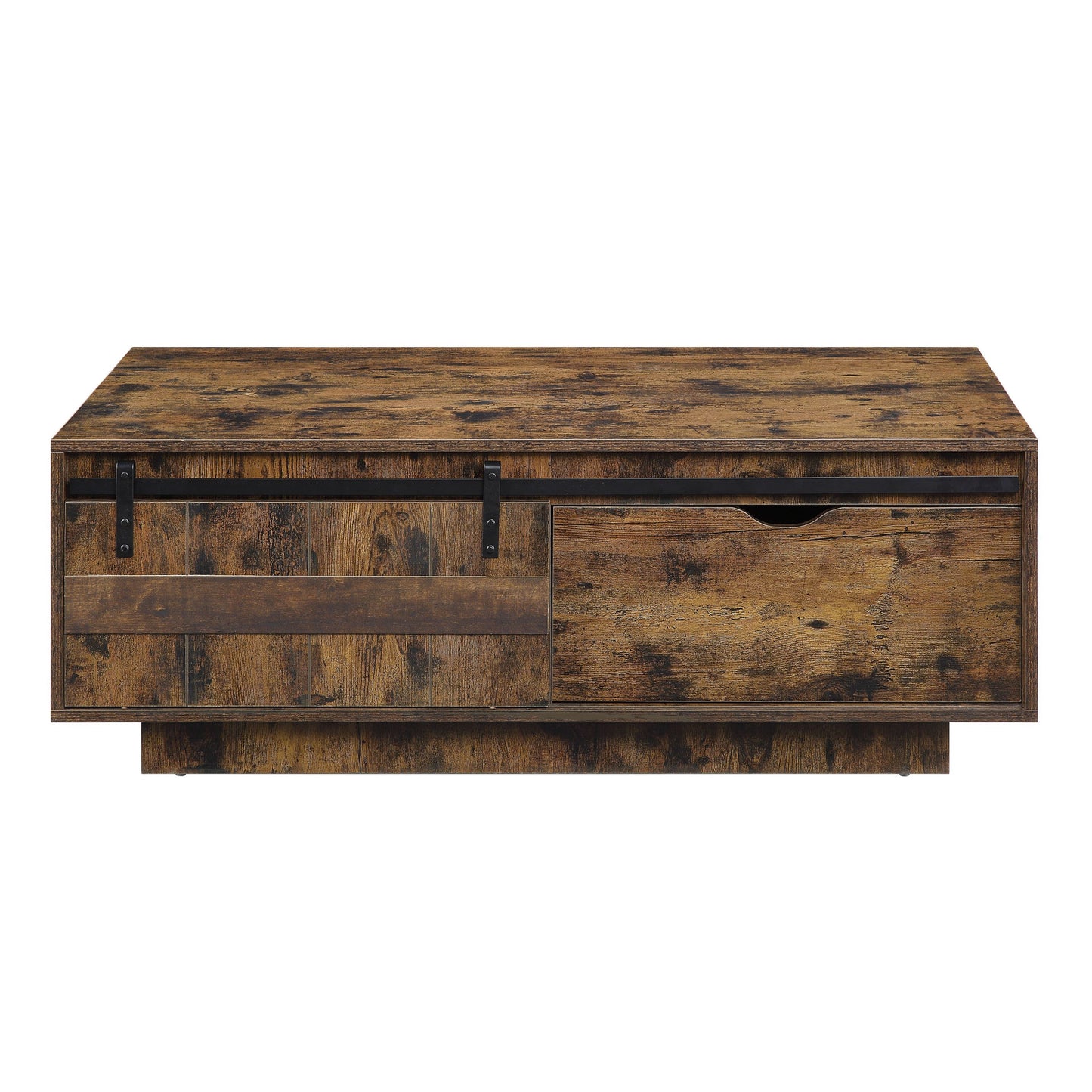 Rustic Oak Farmhouse Coffee Table with Barn Door Design