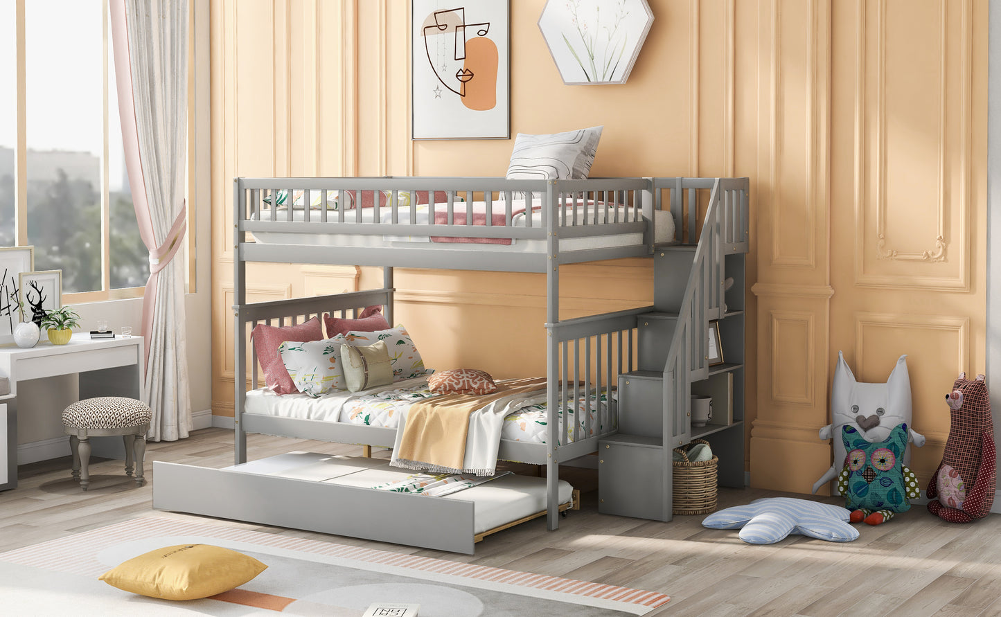 Gray Triple Sleeper Bunk Bed with Trundle and Staircase