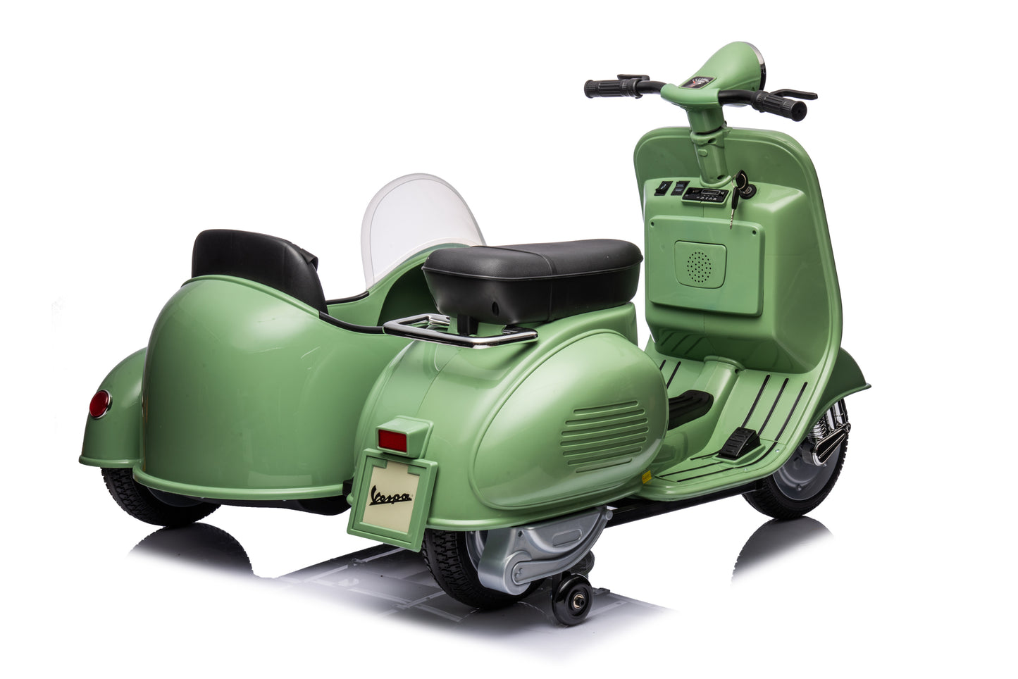 12V LICENSED Vespa Scooter Motorcycle with Side Car for kids, Green