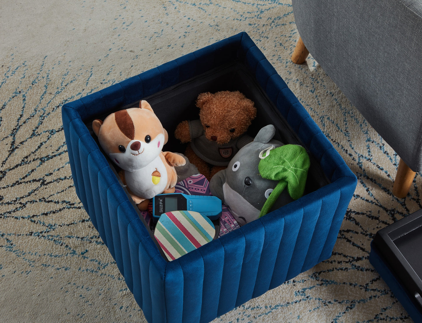 Contemporary Beige Velvet Storage Ottoman Bench with Coffee Tray