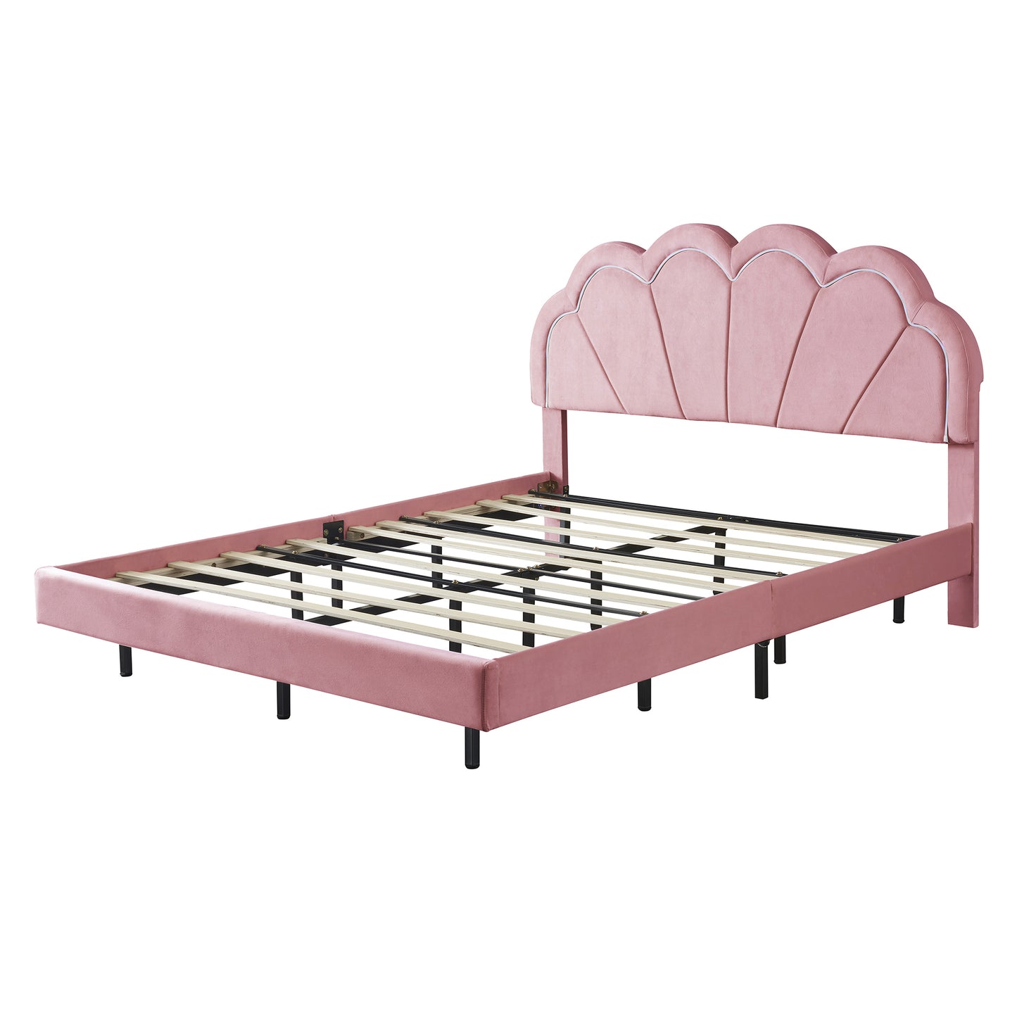 Queen Upholstered Smart LED Bed Frame with Elegant Flowers Headboard,Floating Velvet Platform LED Bed with Wooden Slats Support,Pink