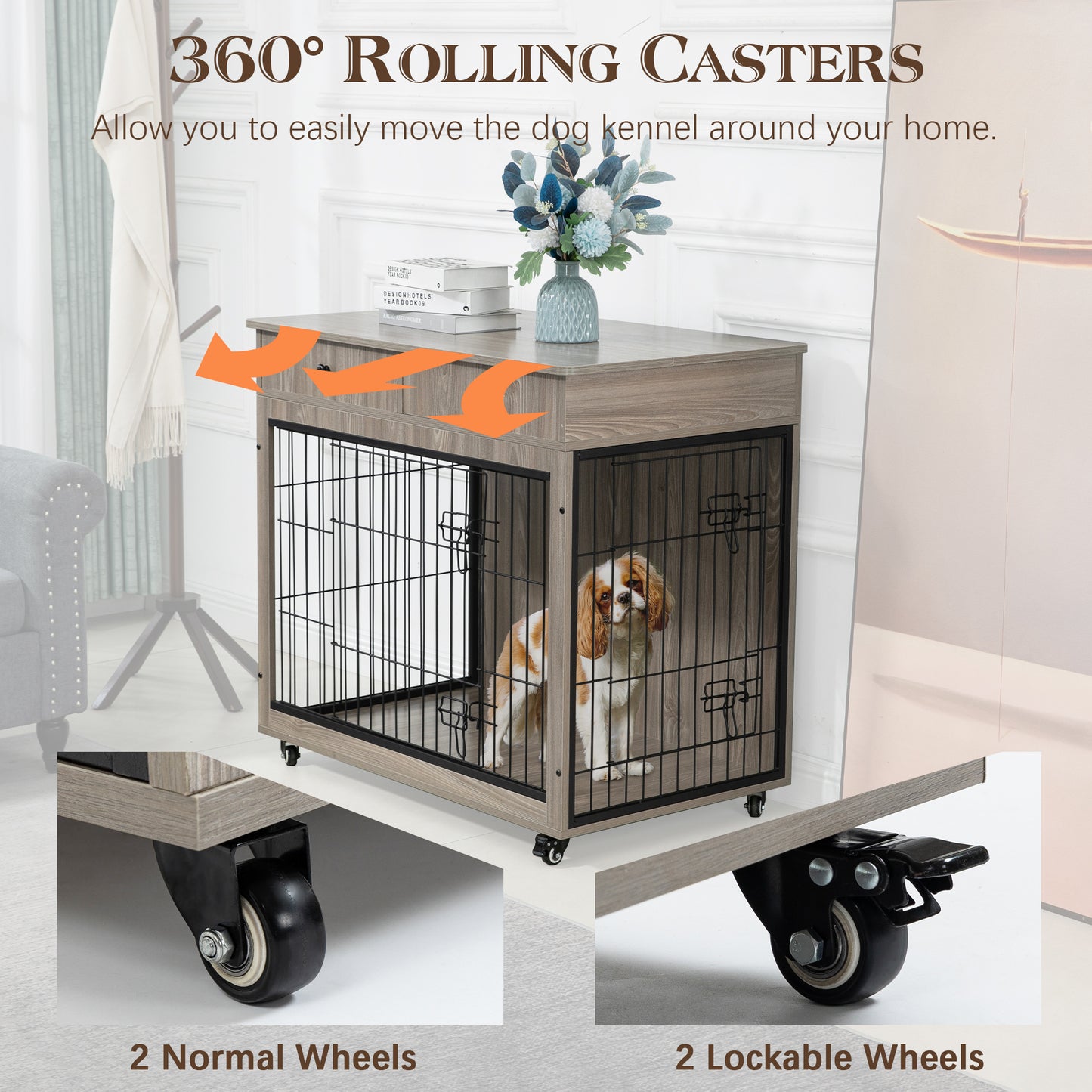 Dog Crate Furniture, Wooden Dog House, Decorative Dog Kennel with Drawer, Indoor Pet Crate End Table for Small Dog, Steel-Tube Dog Cage, Chew-Proof, Grey 31.7" L×23.2" W×33" H