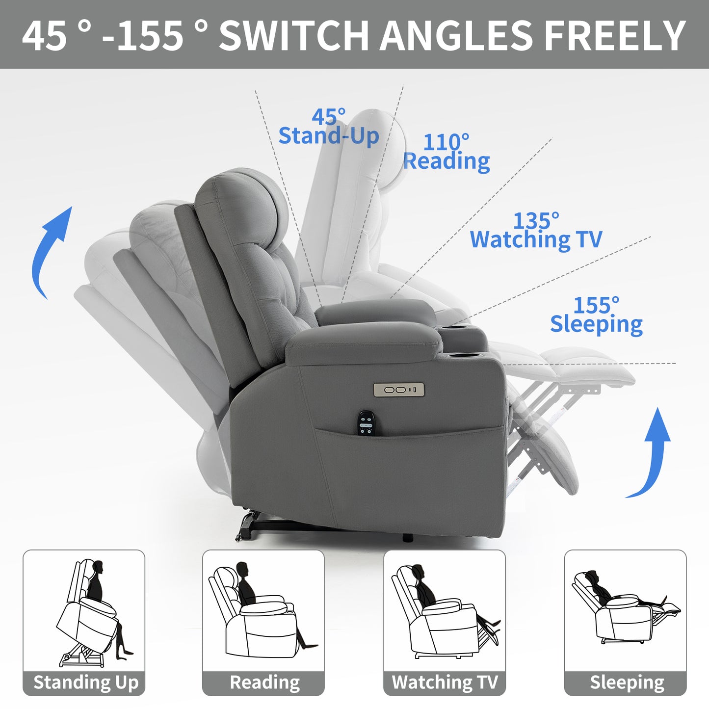 Grey Lift Recliner Chair with Massage, Heat, USB Ports, and Lumbar Support