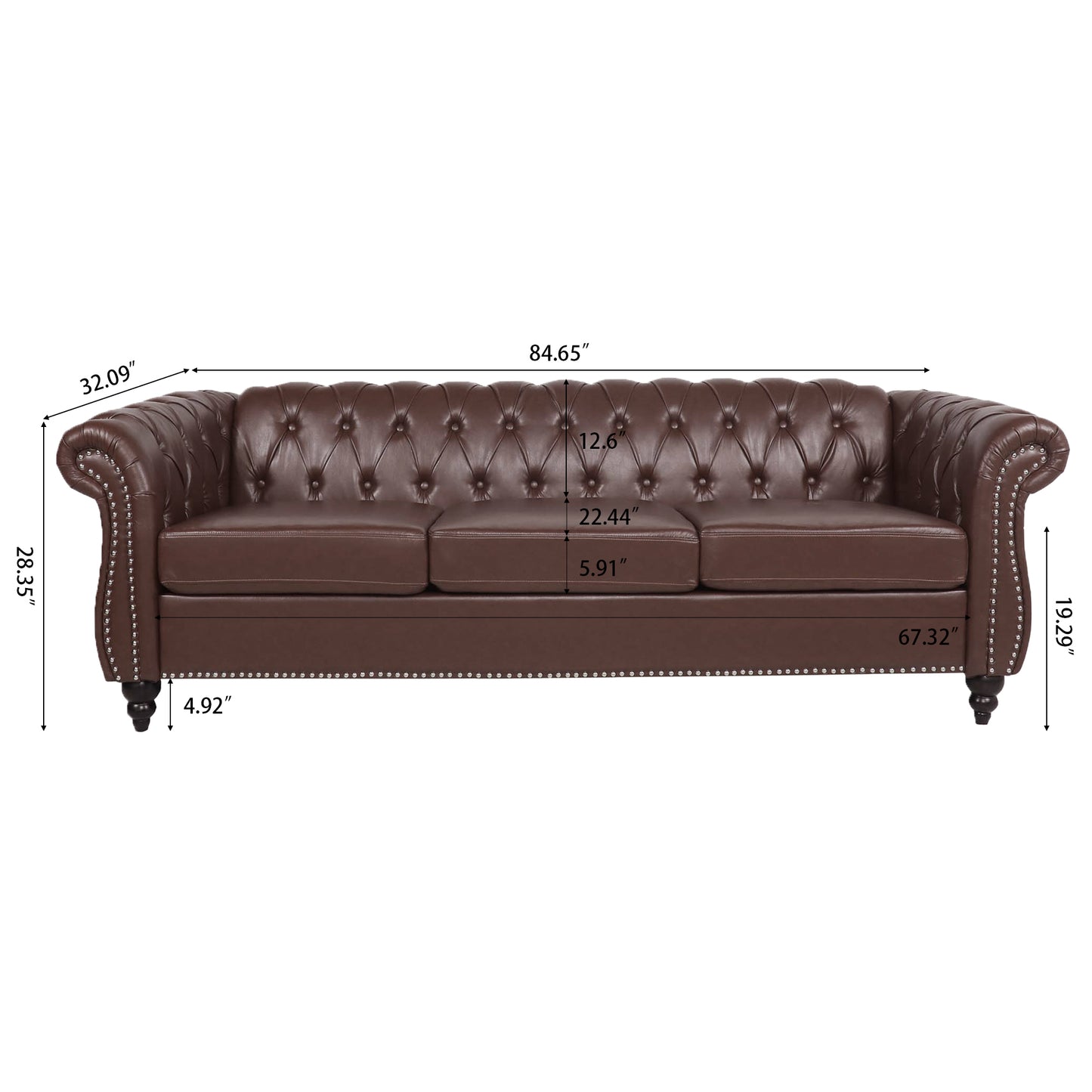 Elegant Dark Brown 84.65 PU Leather Chesterfield Three Seater Sofa with Rolled Arms