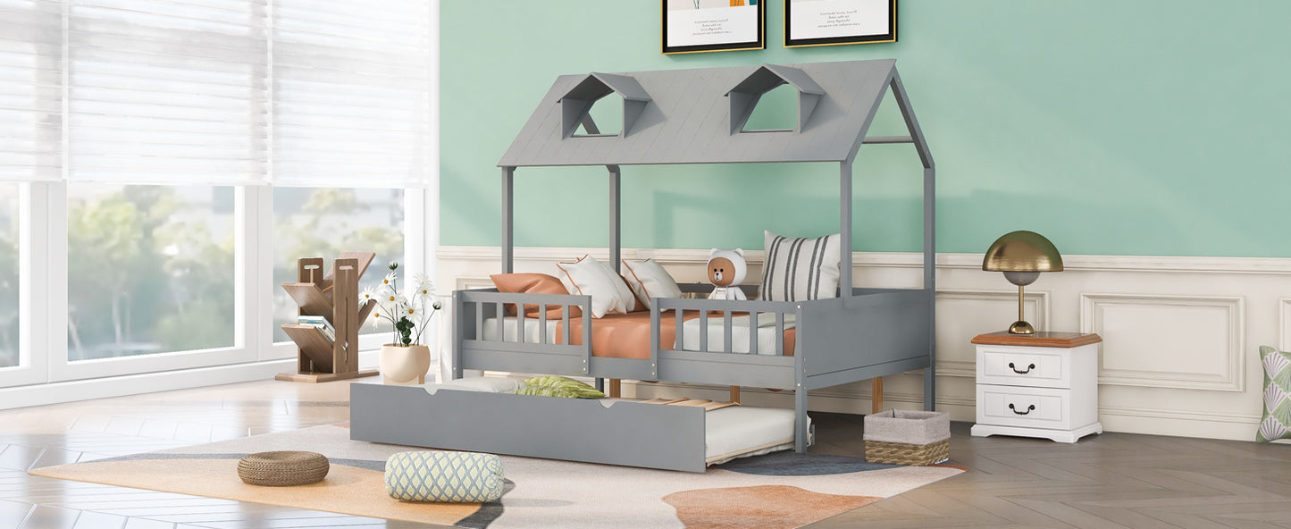 Full Size House Bed Wood Bed with  Twin Size Trundle ( Gray )