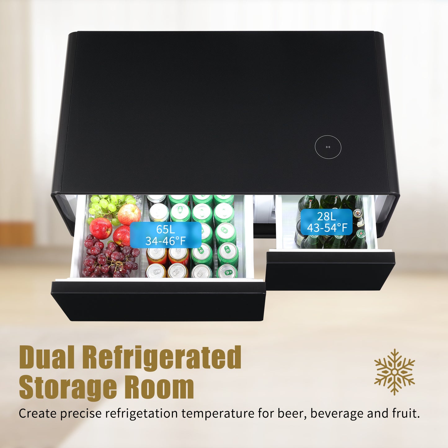 Black Smart Coffee Table with Refrigerated Storage, Wireless Charging, and Power Outlets