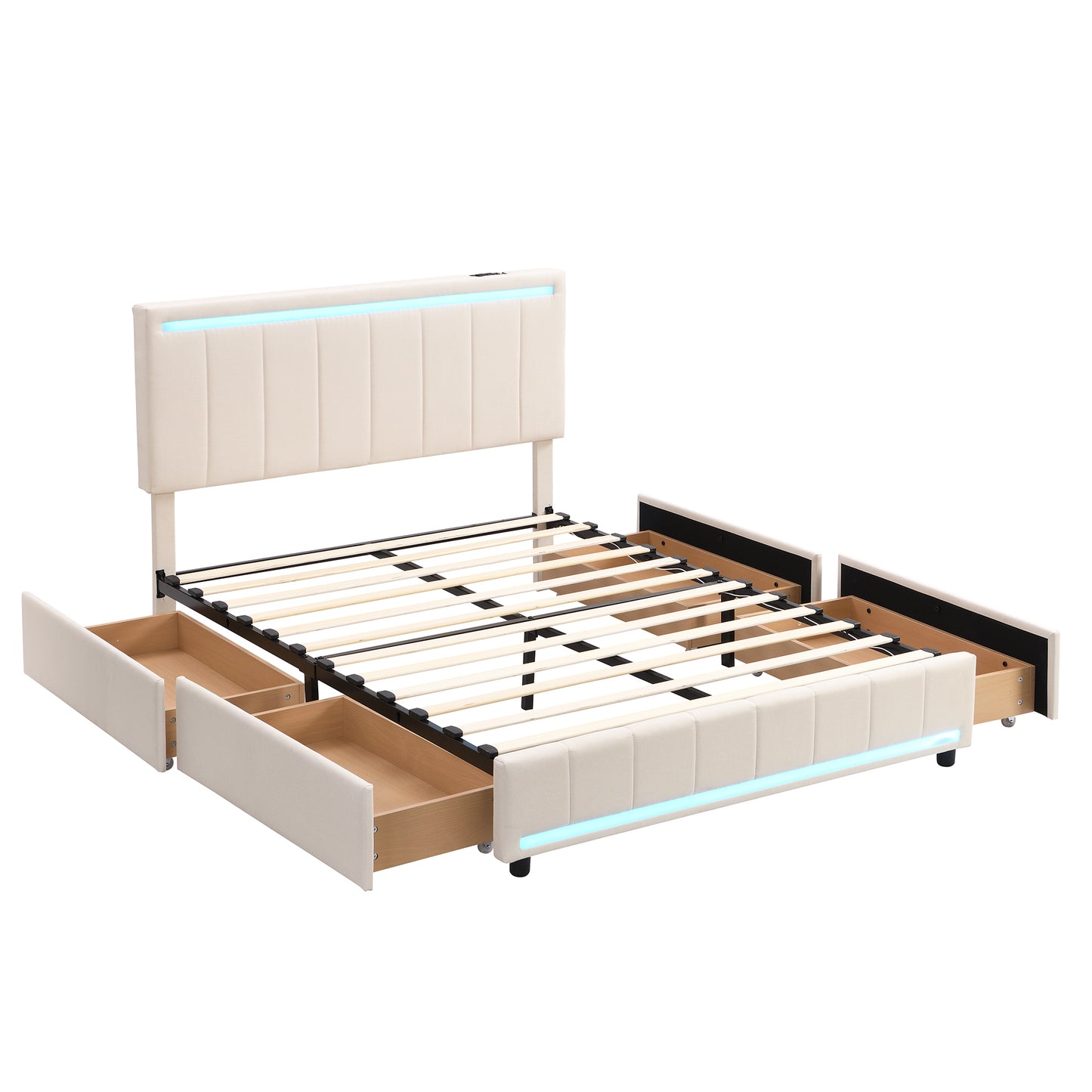 Full Size Upholstered Bed with LED Light and 4 Drawers,  Modern Platform Bed with a set of Sockets and USB Ports, Linen Fabric, Beige