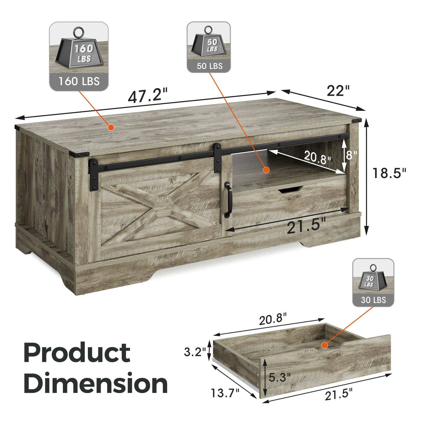 Farmhouse Sliding Barn Door Coffee Table with Storage Compartment - Light Gray