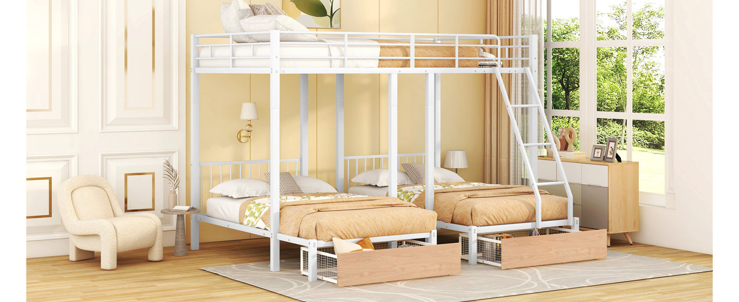 Triple Bunk Bed with Storage Drawers and Guardrails, Full Bed Over Twin & Twin