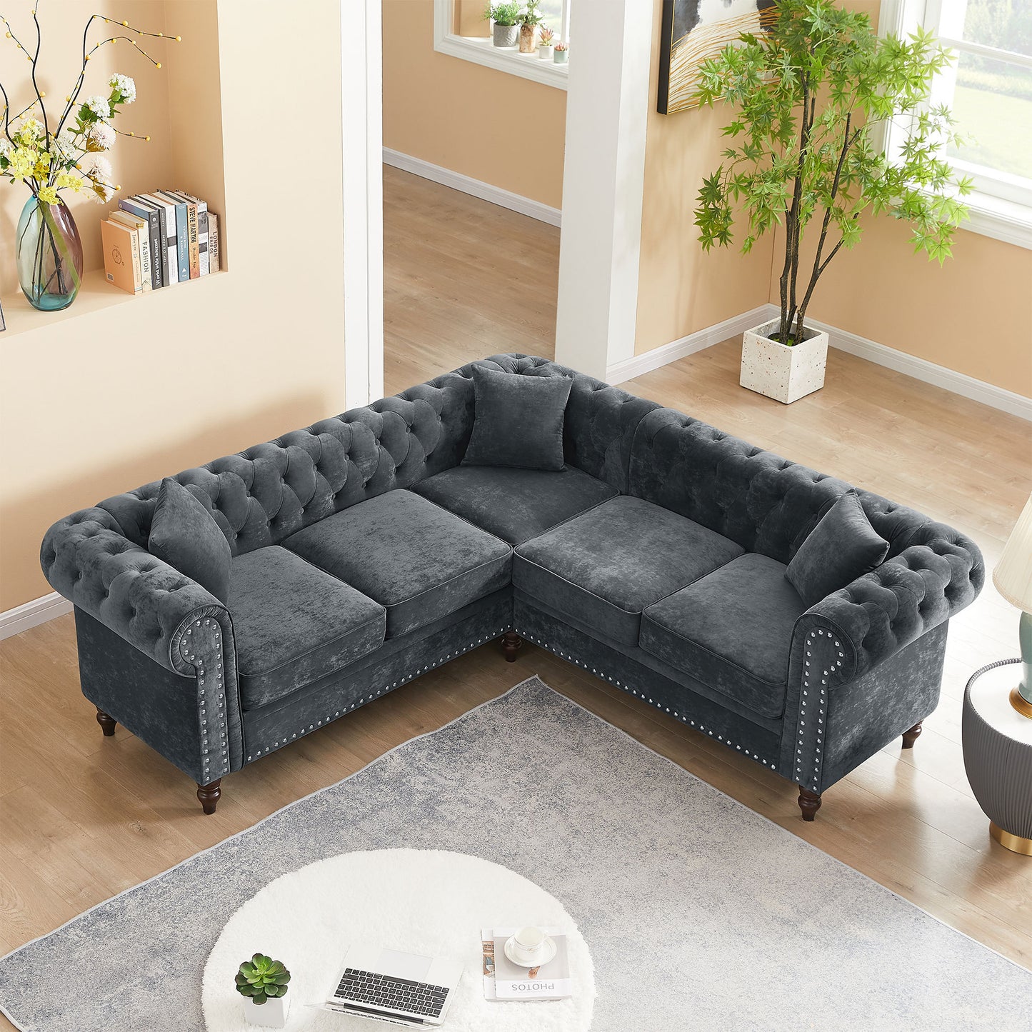 MH 80 Deep Button Tufted Upholstered Grey Velvet L-shaped Sofa with 3 Pillows and Solid Wood Gourd Legs