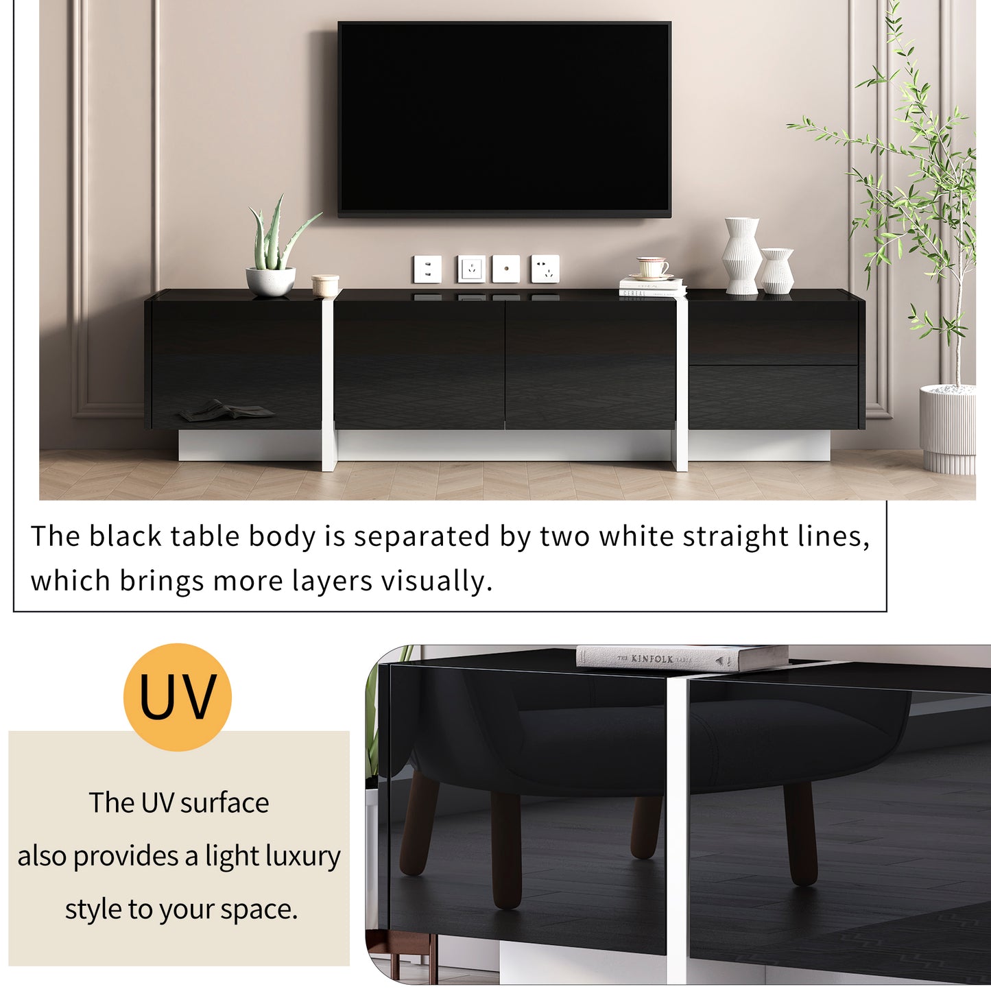 Contemporary High Gloss Black and White TV Stand with Ample Storage for TVs Up To 80