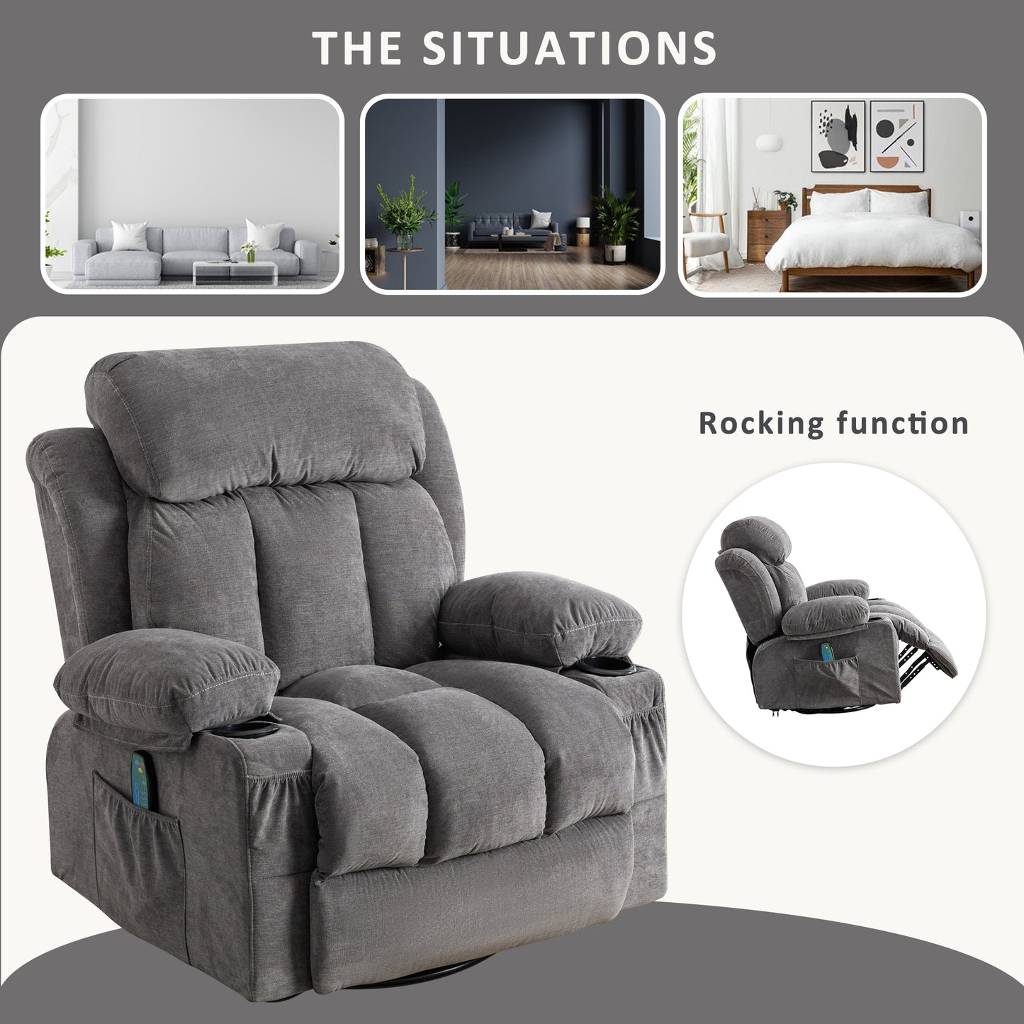 Swivel Gray Velvet Massage Recliner Sofa with Heating, USB, and Cup Holders