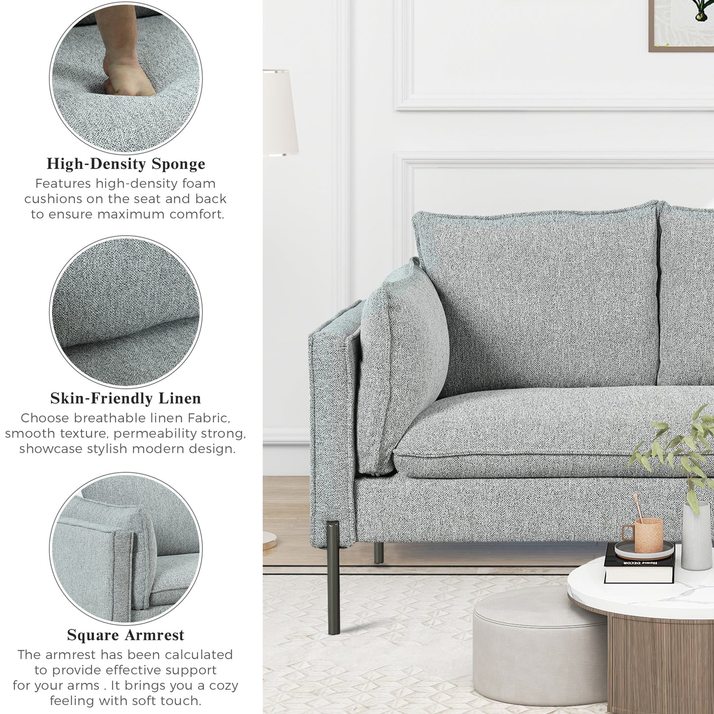 Small Space Modern Loveseat Sofa with Linen Fabric and Bolster Pillows