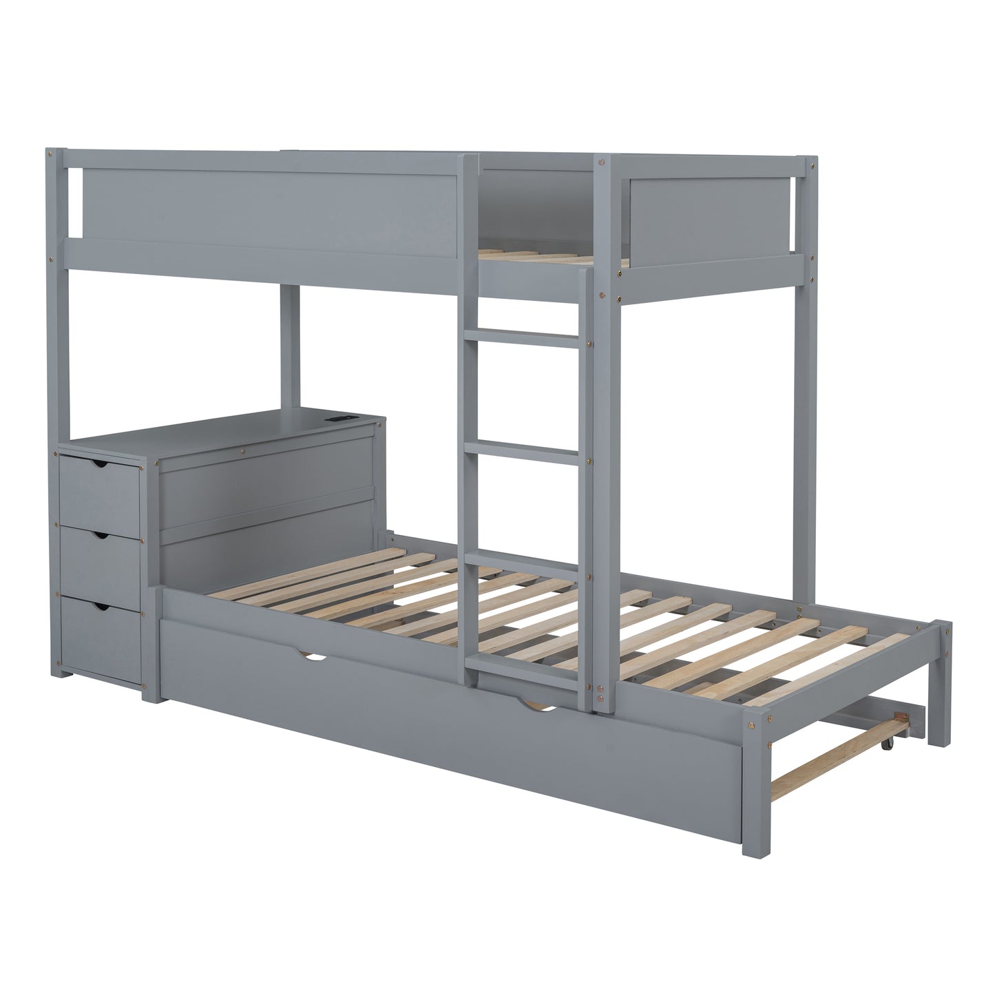 Gray Twin Bunk Bed Set with Trundle, Storage, Desk and USB Ports