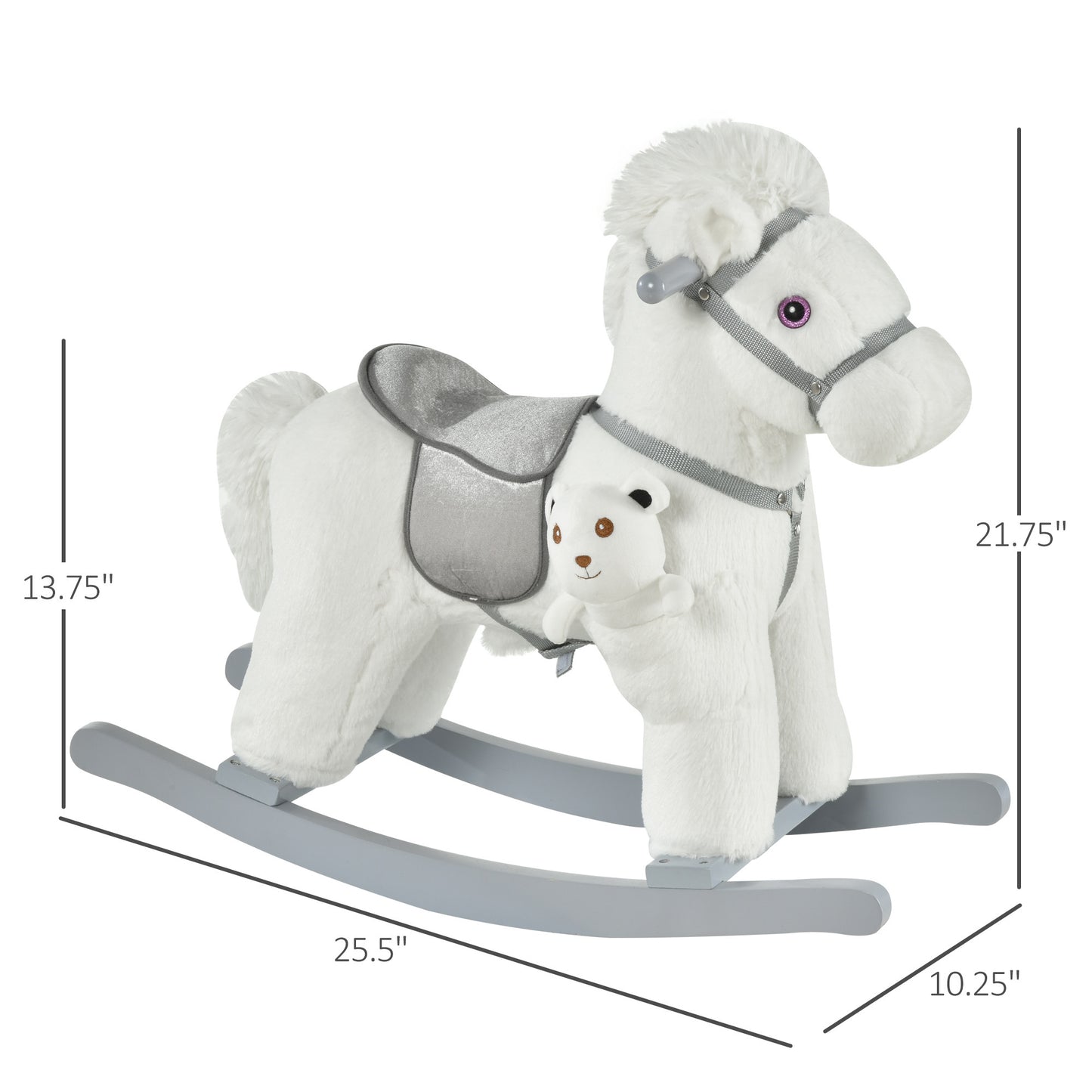 White Qaba Kids Plush Rocking Horse with Bear Toy and Galloping Sounds