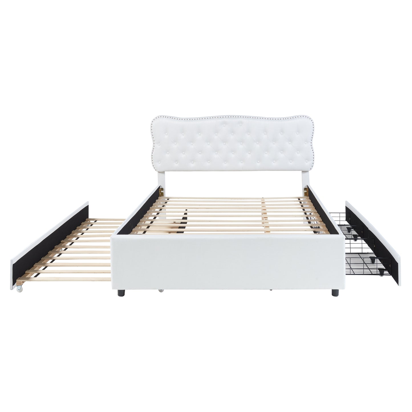 Queen Size Upholstery Platform Bed with Storage Drawers and Trundle,White