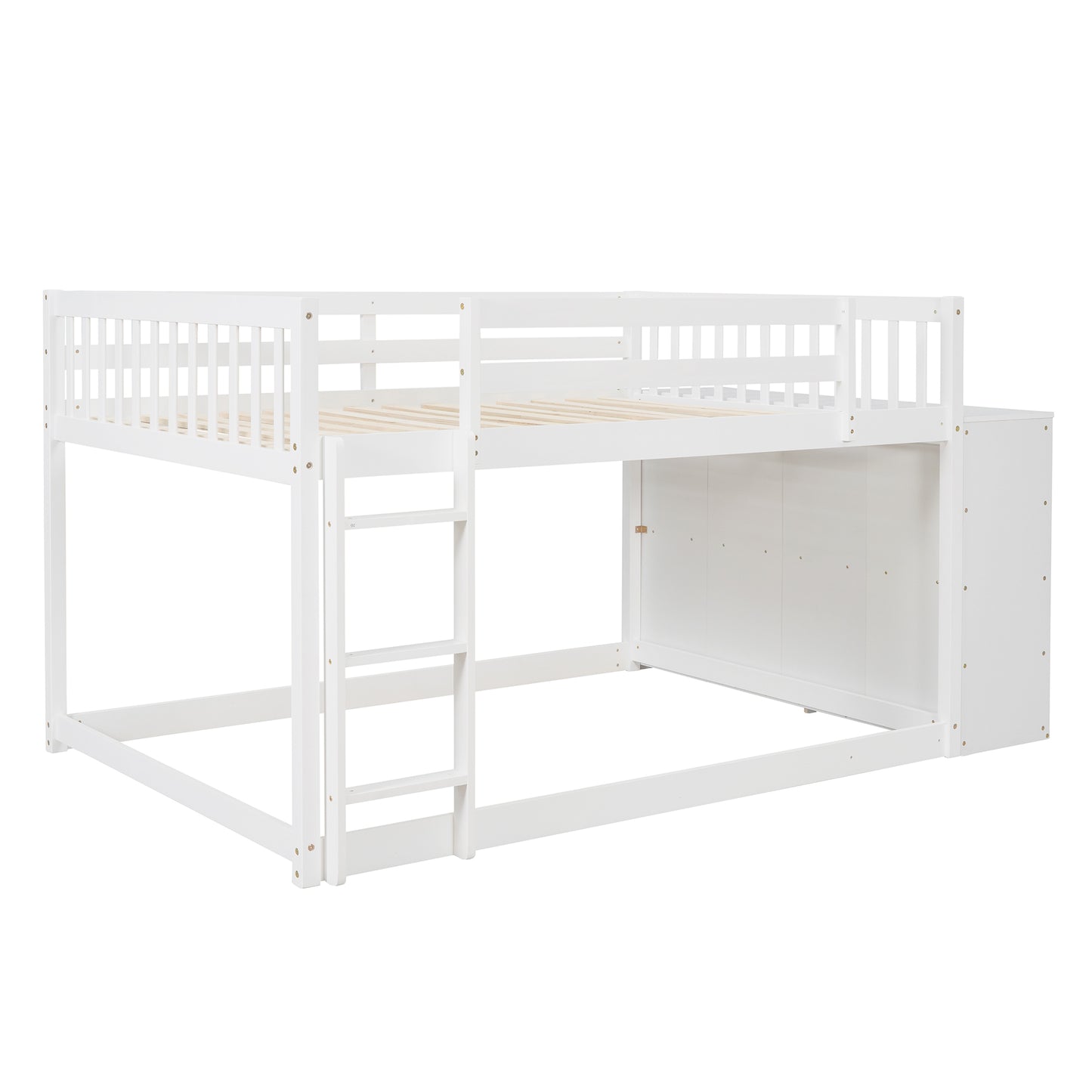 White Full over Full Bunk Bed with Storage, Shelves, and Drawers