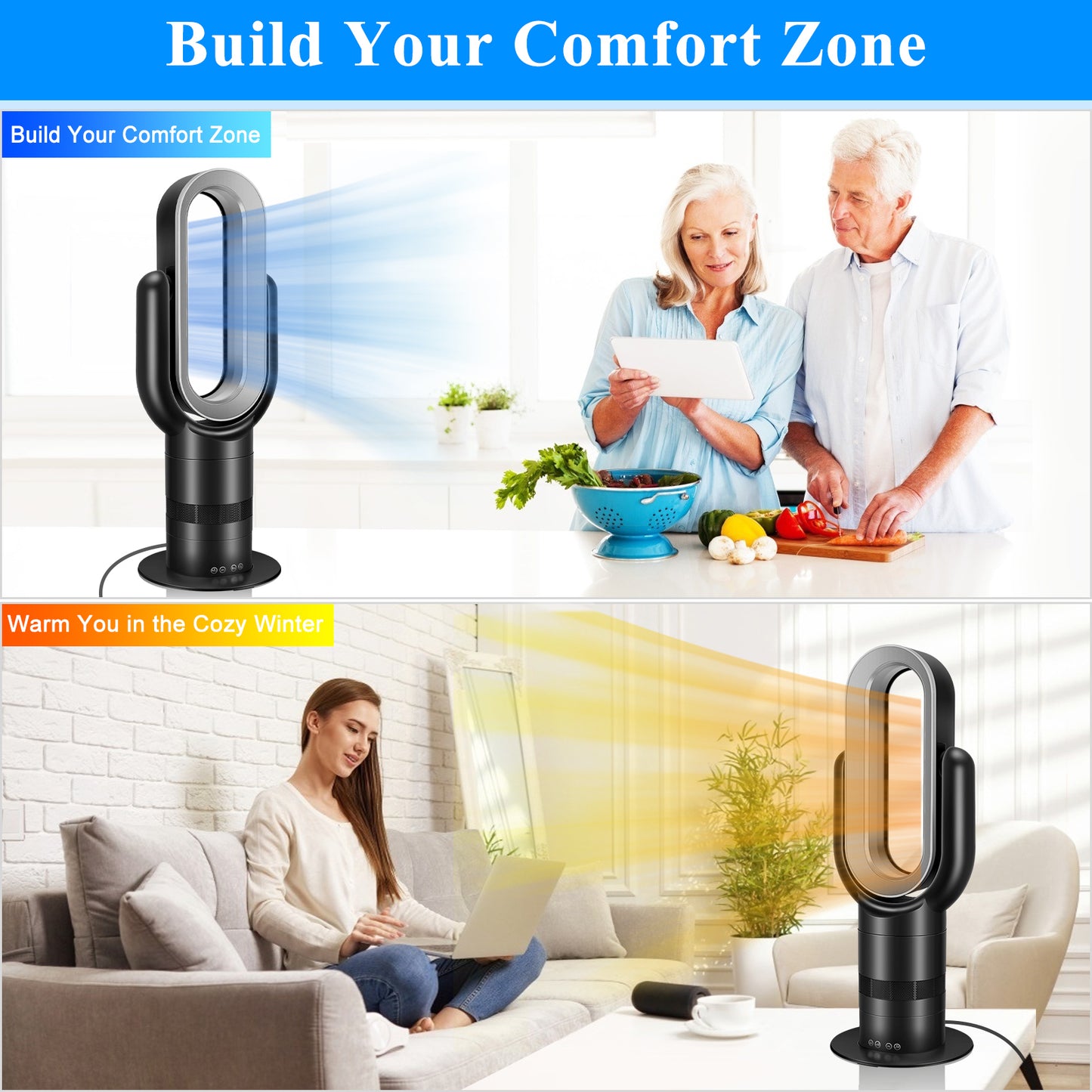 HealSmart 26-inch Bladeless Tower Fan Heater & Cooling Combo with Remote Control - Black