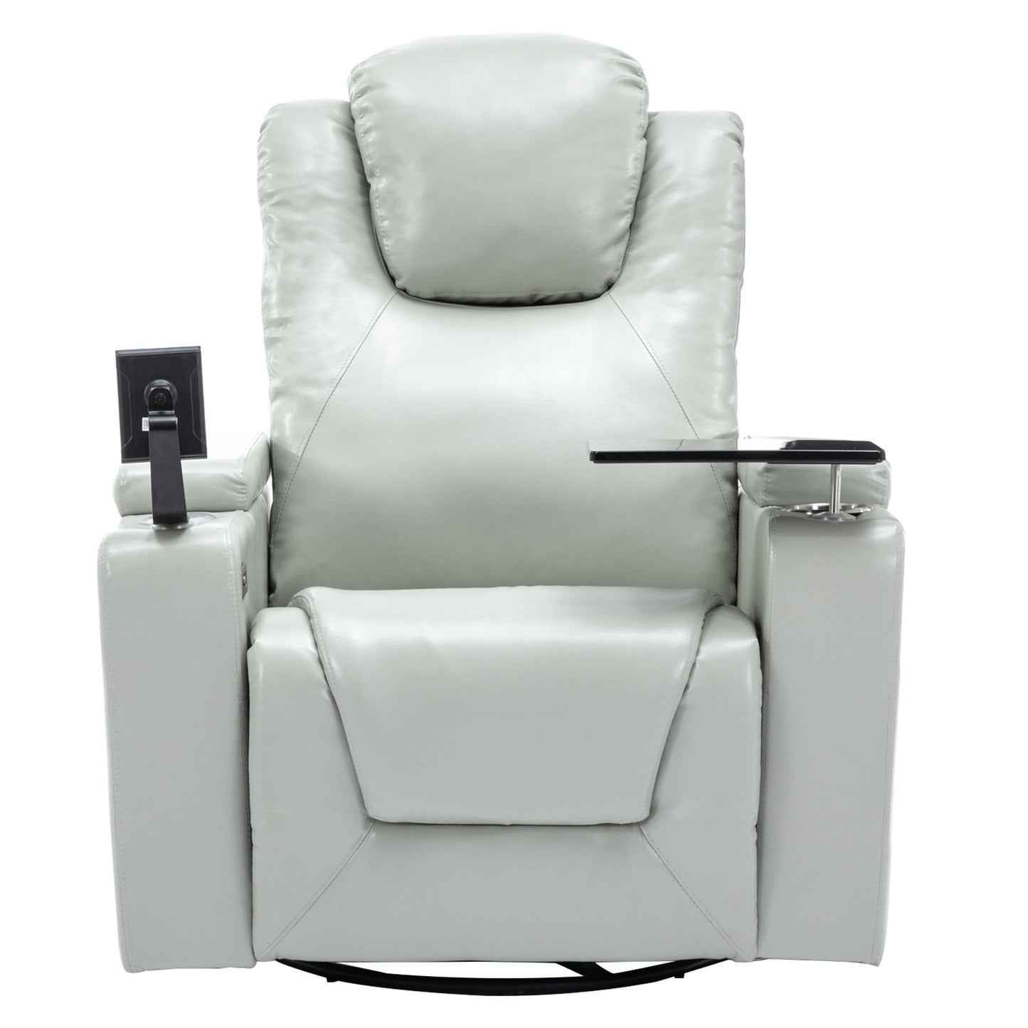 Luxurious Grey PU Leather Power Recliner with Surround Sound and Storage.