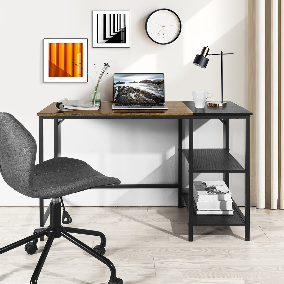 Retro-Modern Writing Desk with Storage Shelves for Stylish Home Office