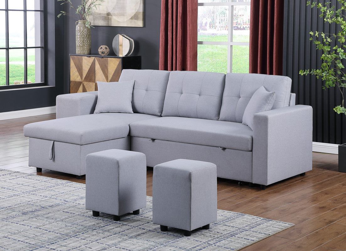 Dennis Light Gray Linen Fabric Reversible Sleeper Sectional with Storage Chaise, Stools, Throw Pillows