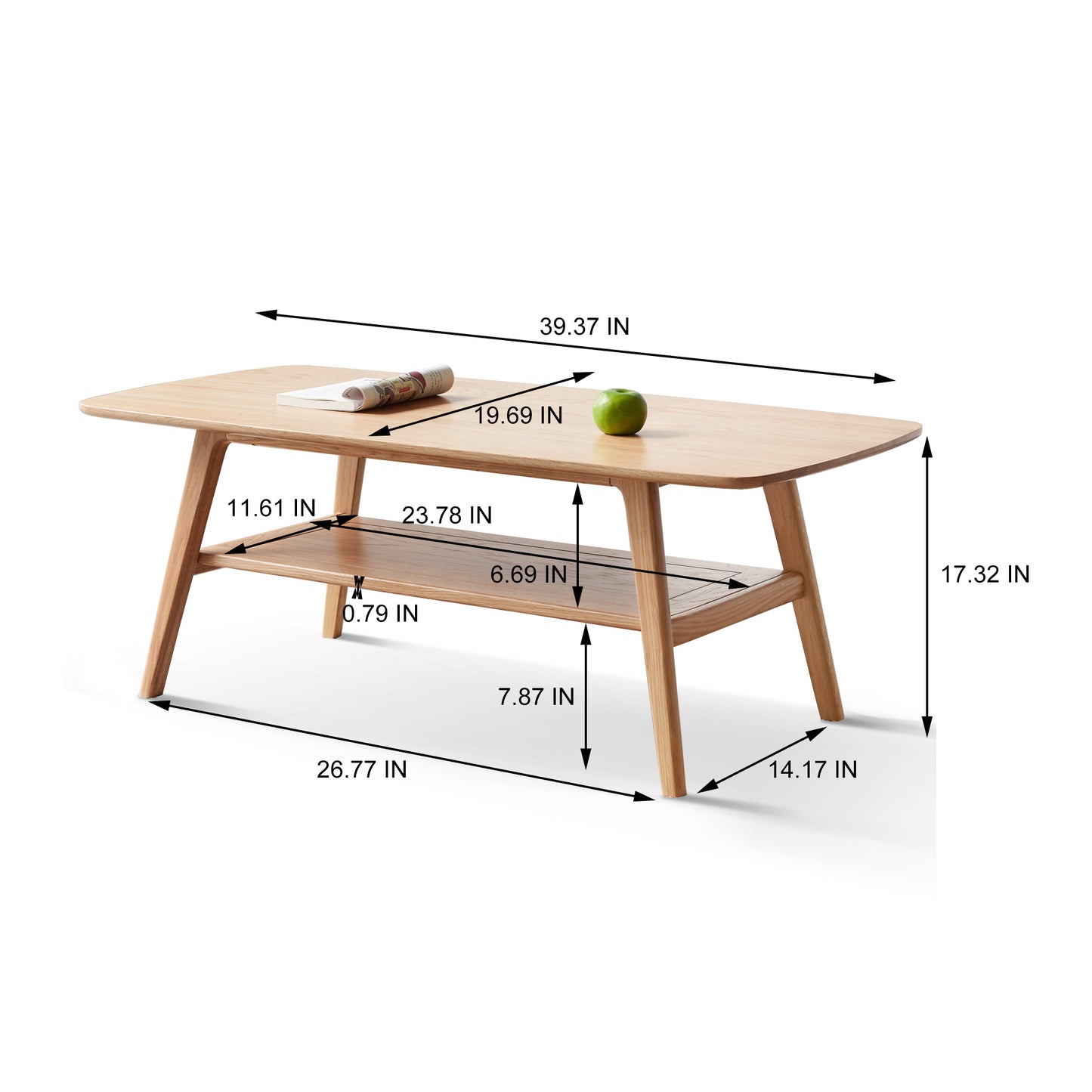 Natural Oak Wood Two-Tier Coffee Table with Dual-Layer Storage Shelf