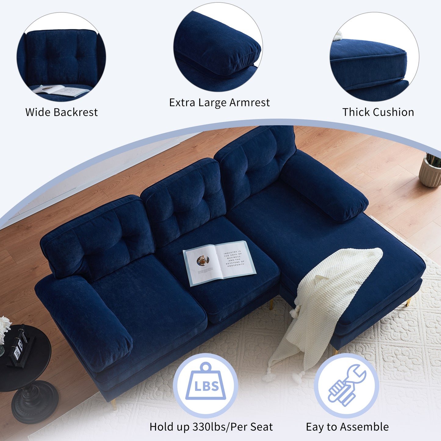 83 Blue Velvet L-Shaped Sectional Sofa with Mid-Century Modern Vibes