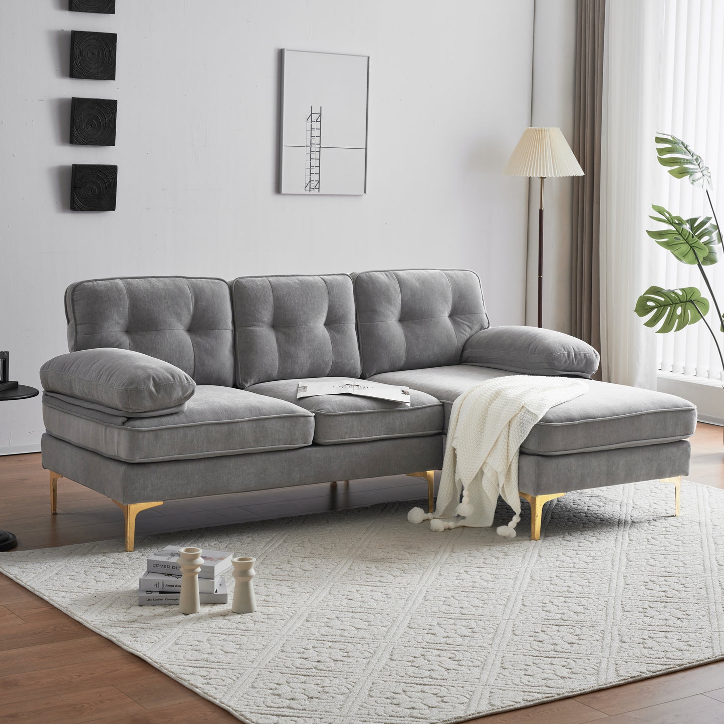 Modern Velvet L-Shaped Sectional Sofa in Light Grey