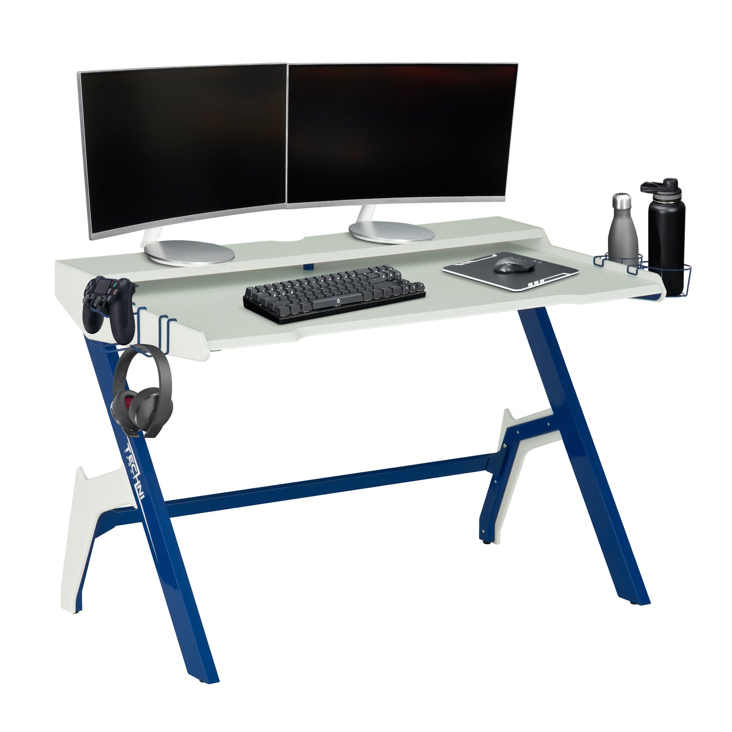 Techni Sport Blue Gaming Desk with Cupholder & Headphone Hook