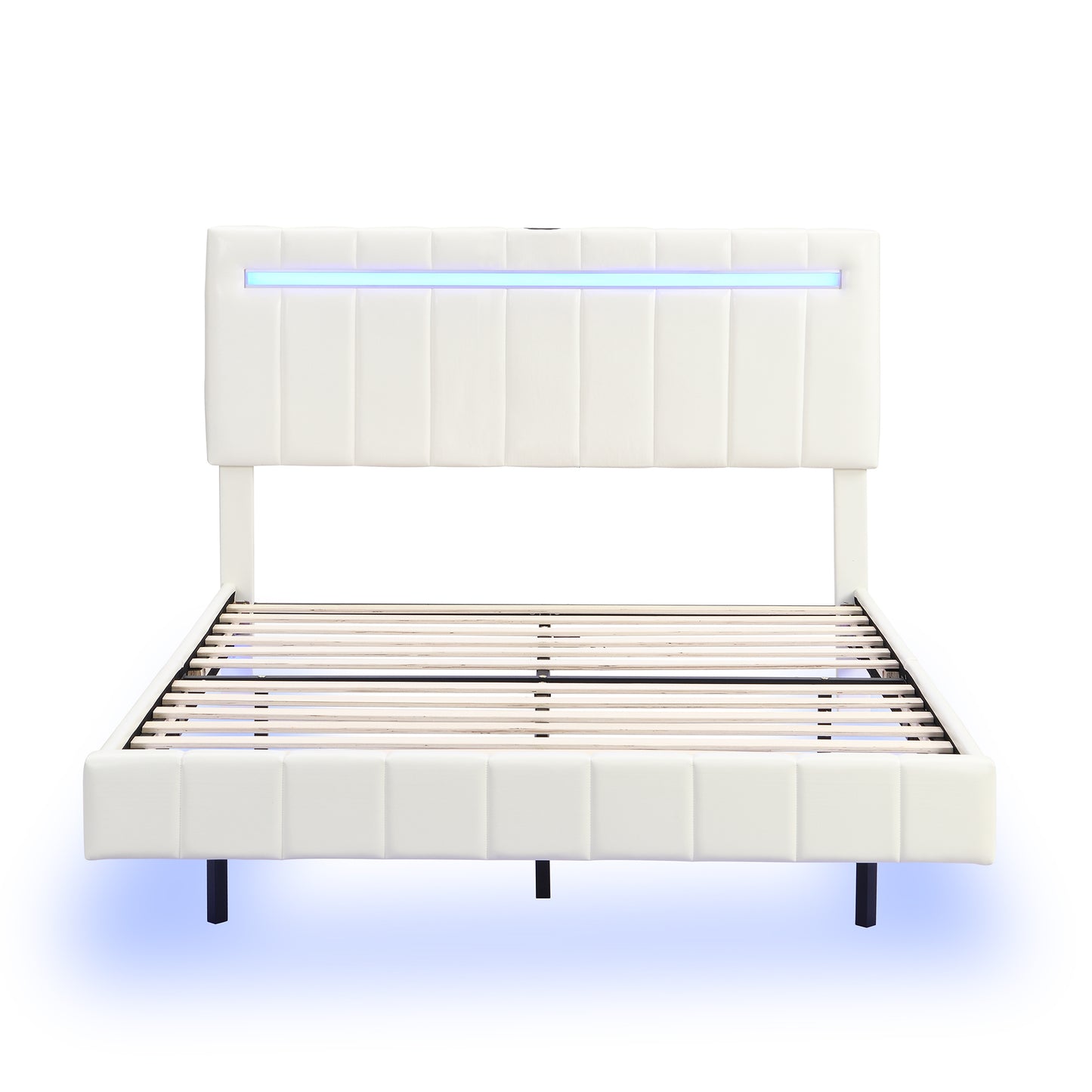 Queen Size Floating Bed Frame with LED Lights and USB Charging,Modern Upholstered Platform LED Bed Frame, White