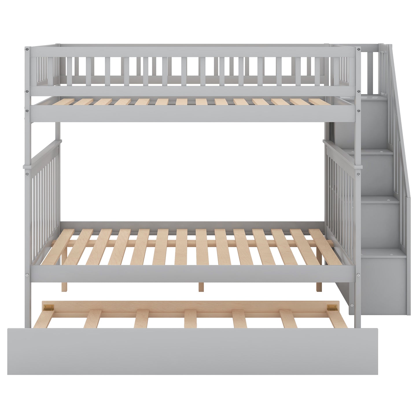 Gray Triple Sleeper Bunk Bed with Trundle and Staircase