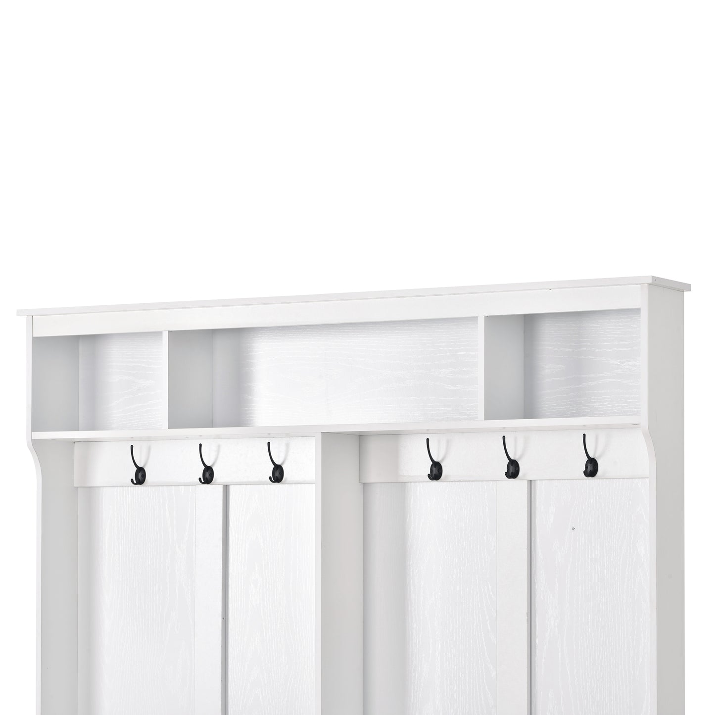 Modern Style Multiple Functions Hallway Coat Rack with Metal Black Hooks, Entryway Bench 60" Wide Hall Tree with Ample Storage Space and 24 Shoe Cubbies , White