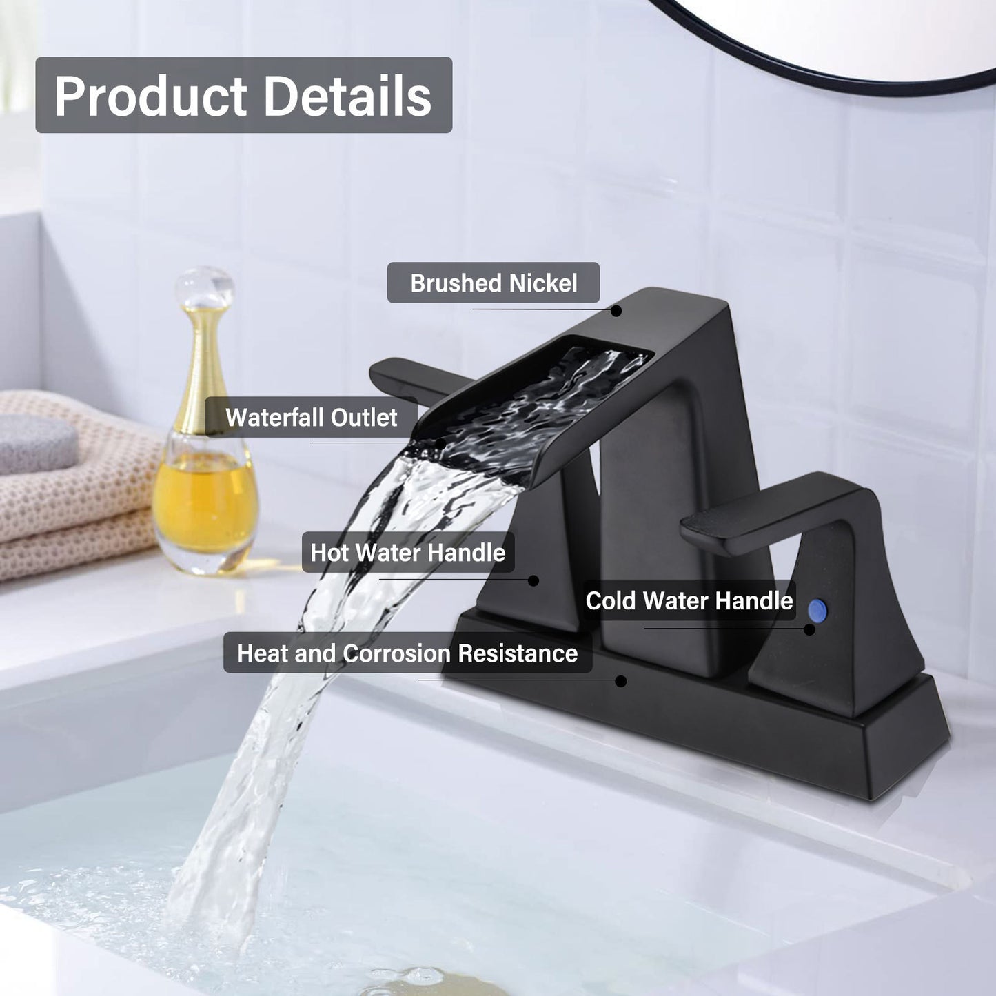 Matte Black Waterfall Bathroom Sink Faucet with Two Handles