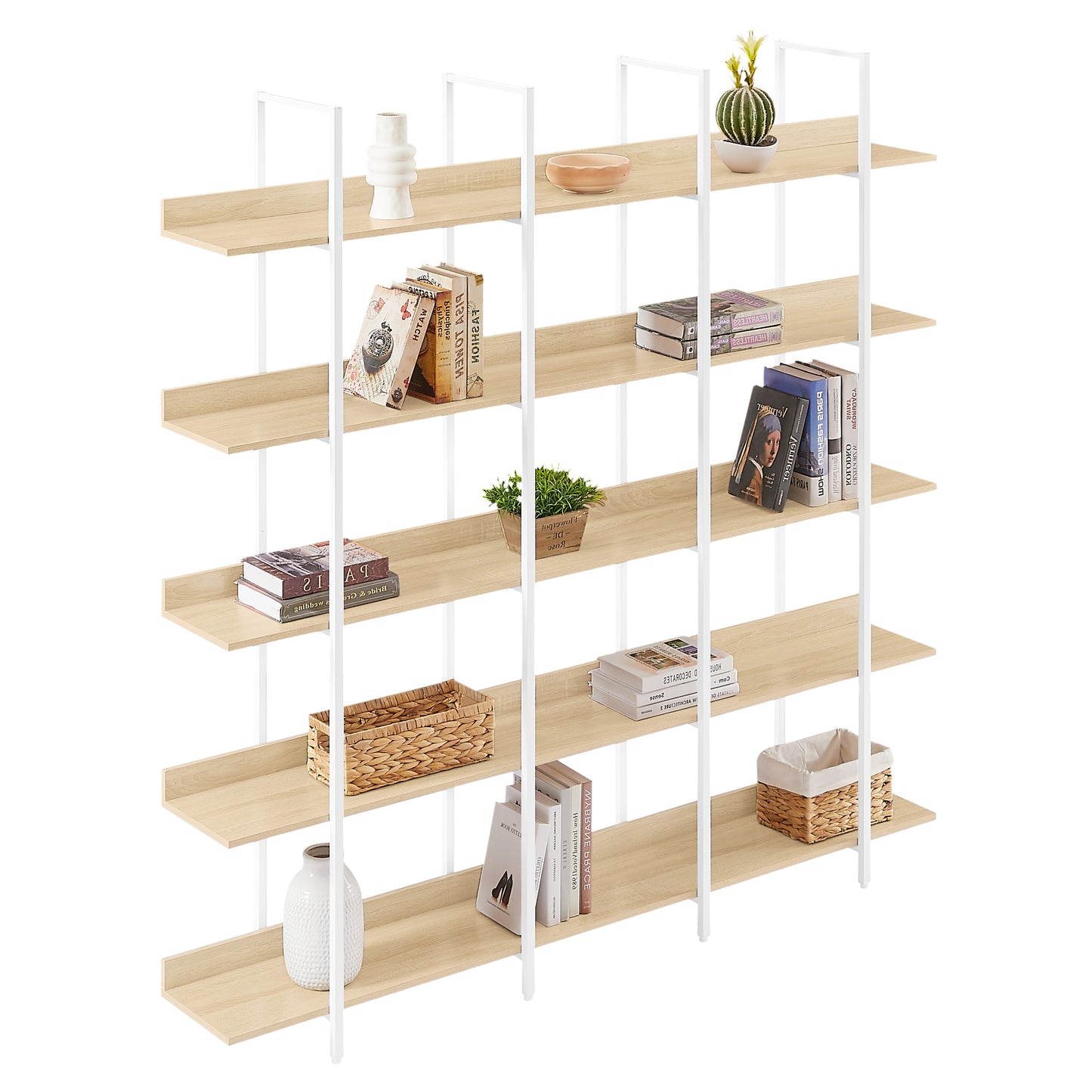 5 Tier Bookcase Home Office Open Bookshelf, Vintage Industrial Style Shelf, MDF Board, White Metal Frame, Oak