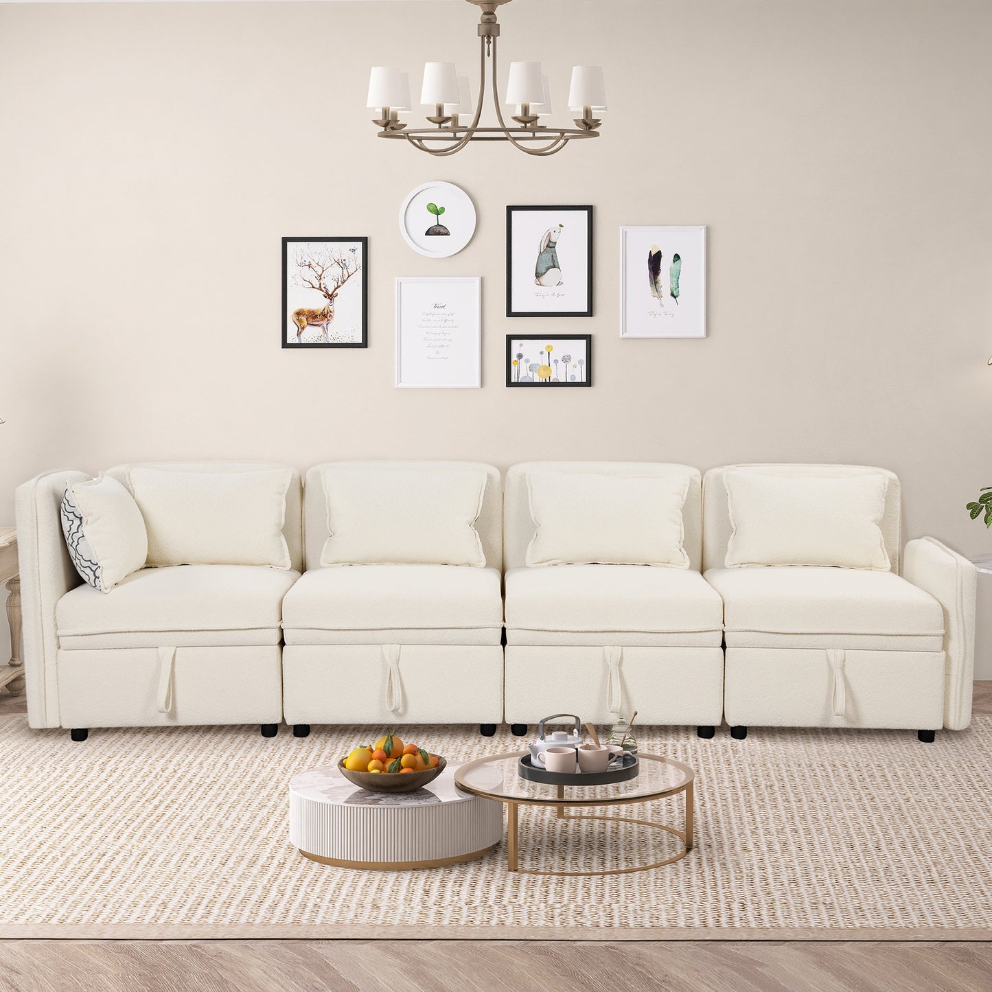 Convertible Modular Chenille Fabric Sectional Sofa with Built-in Storage and 5 Pillows