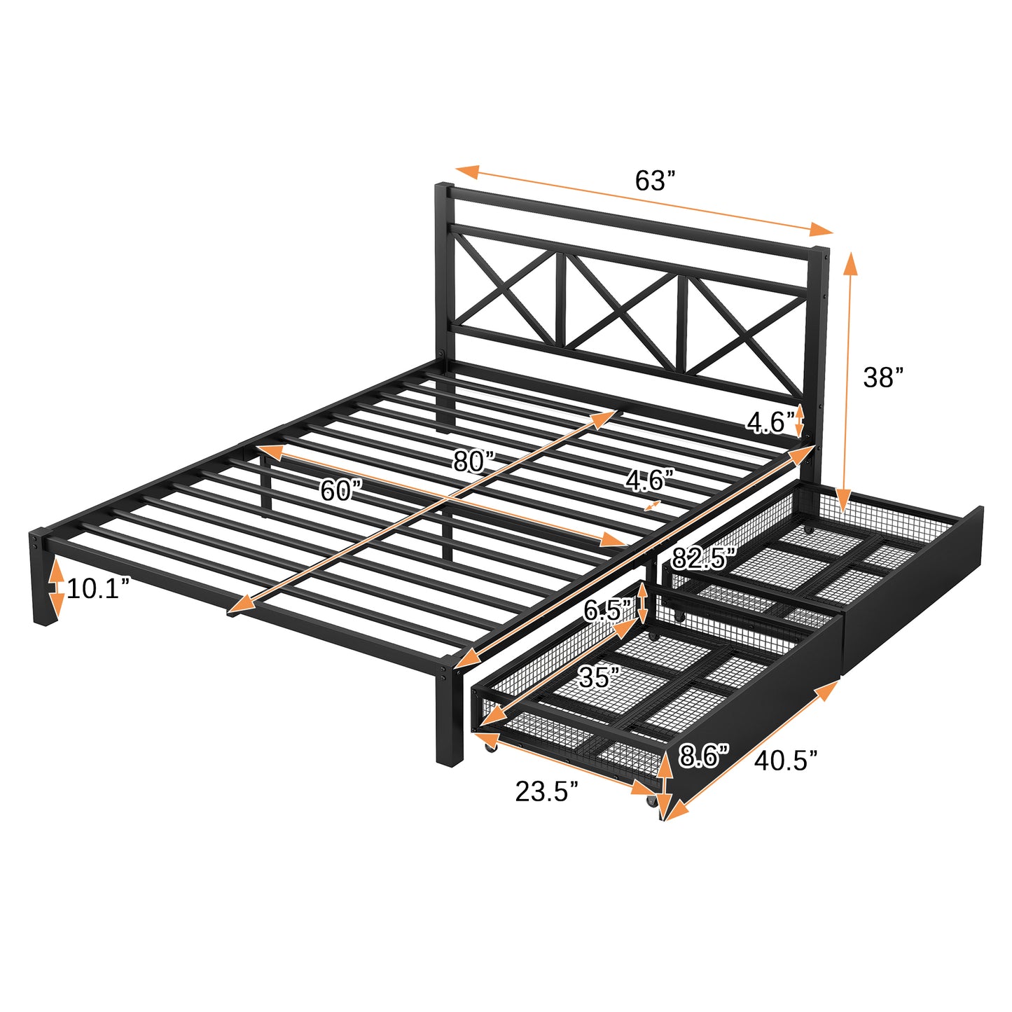 Metal Platform Bed with 2 Drawers, Queen (Black)